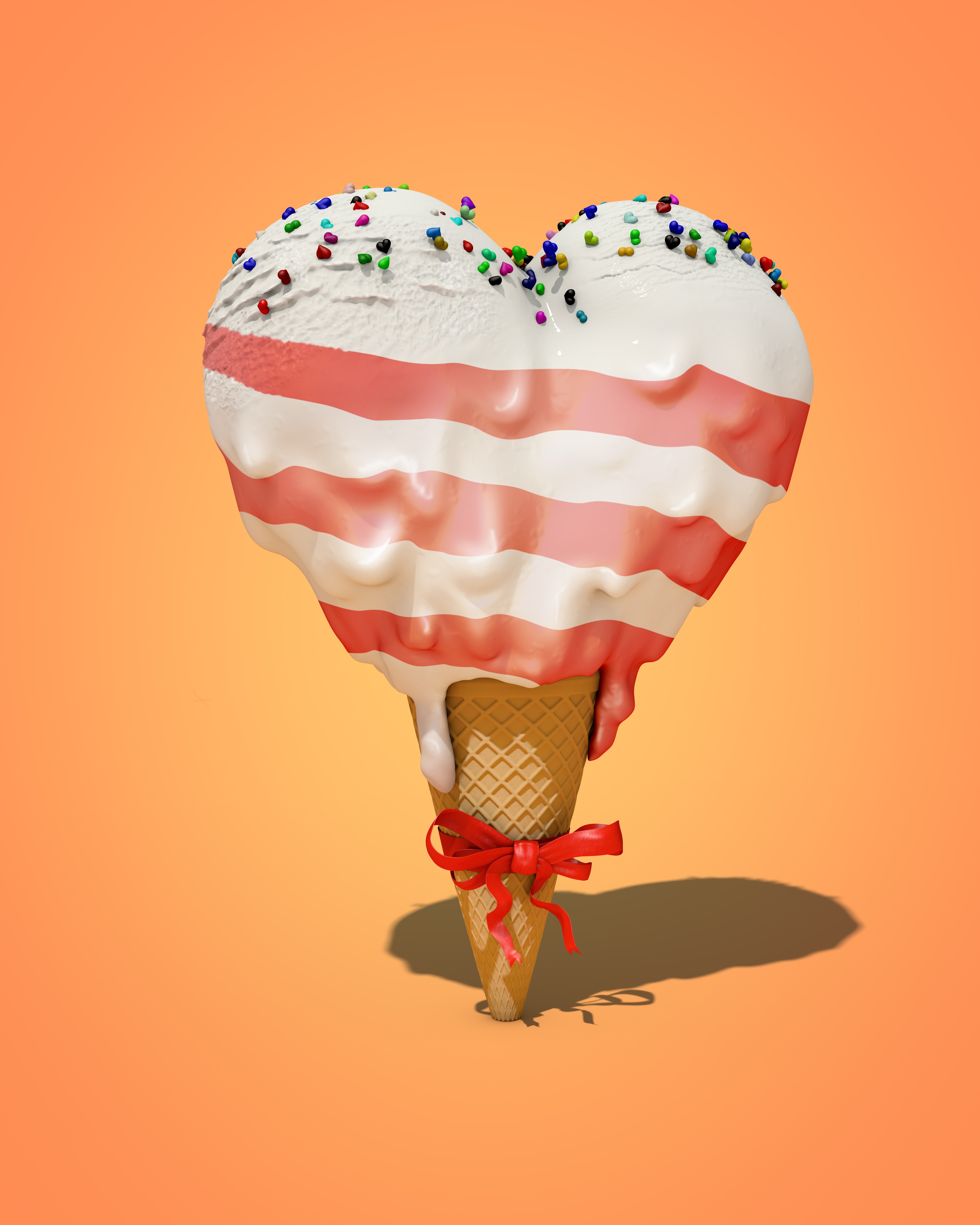 Heart-shaped ice cream with sprinkles and bow HD Phone Wallpaper