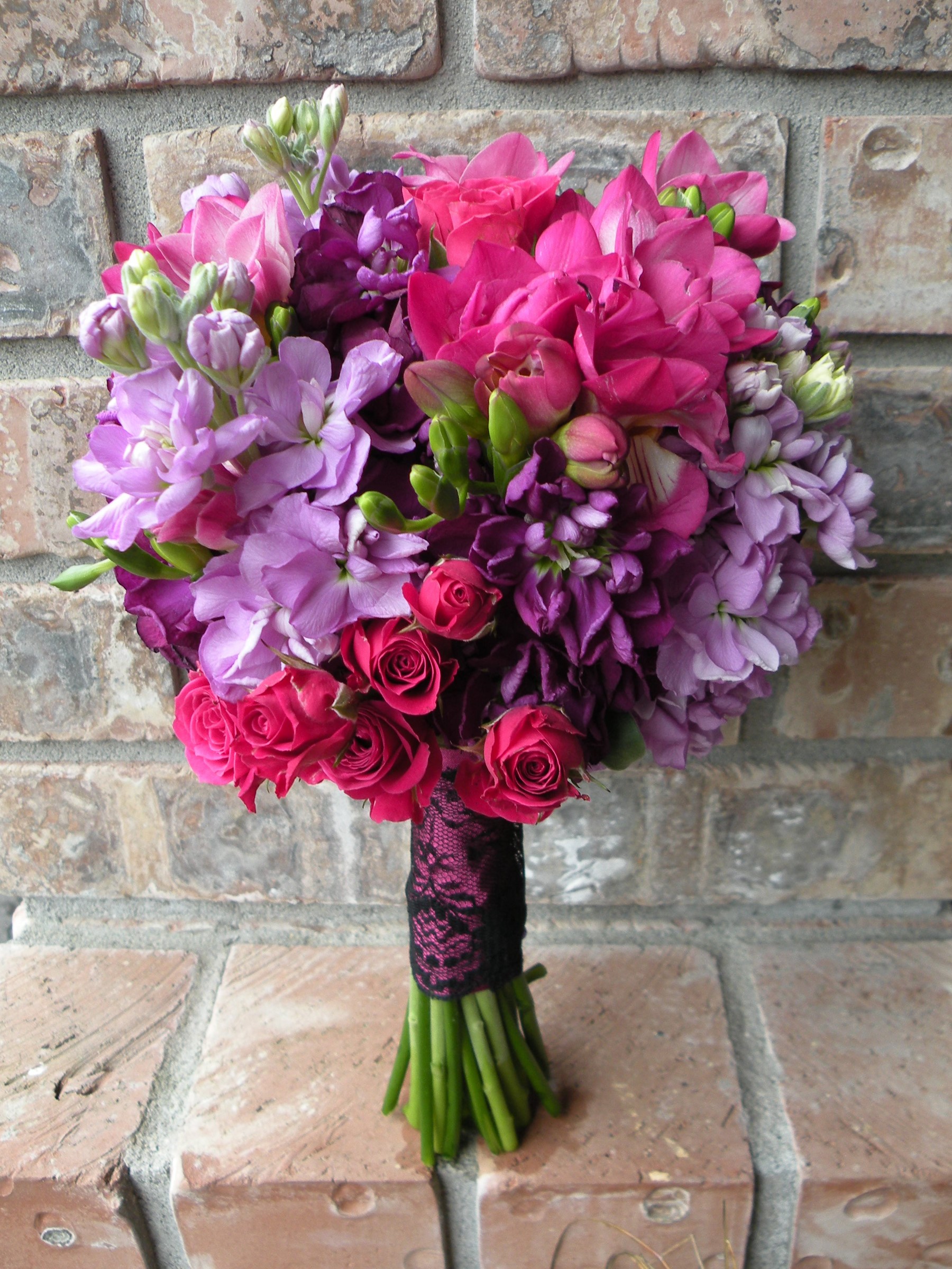 Bouquet of pink and purple flowers with black lace HD Phone Wallpaper