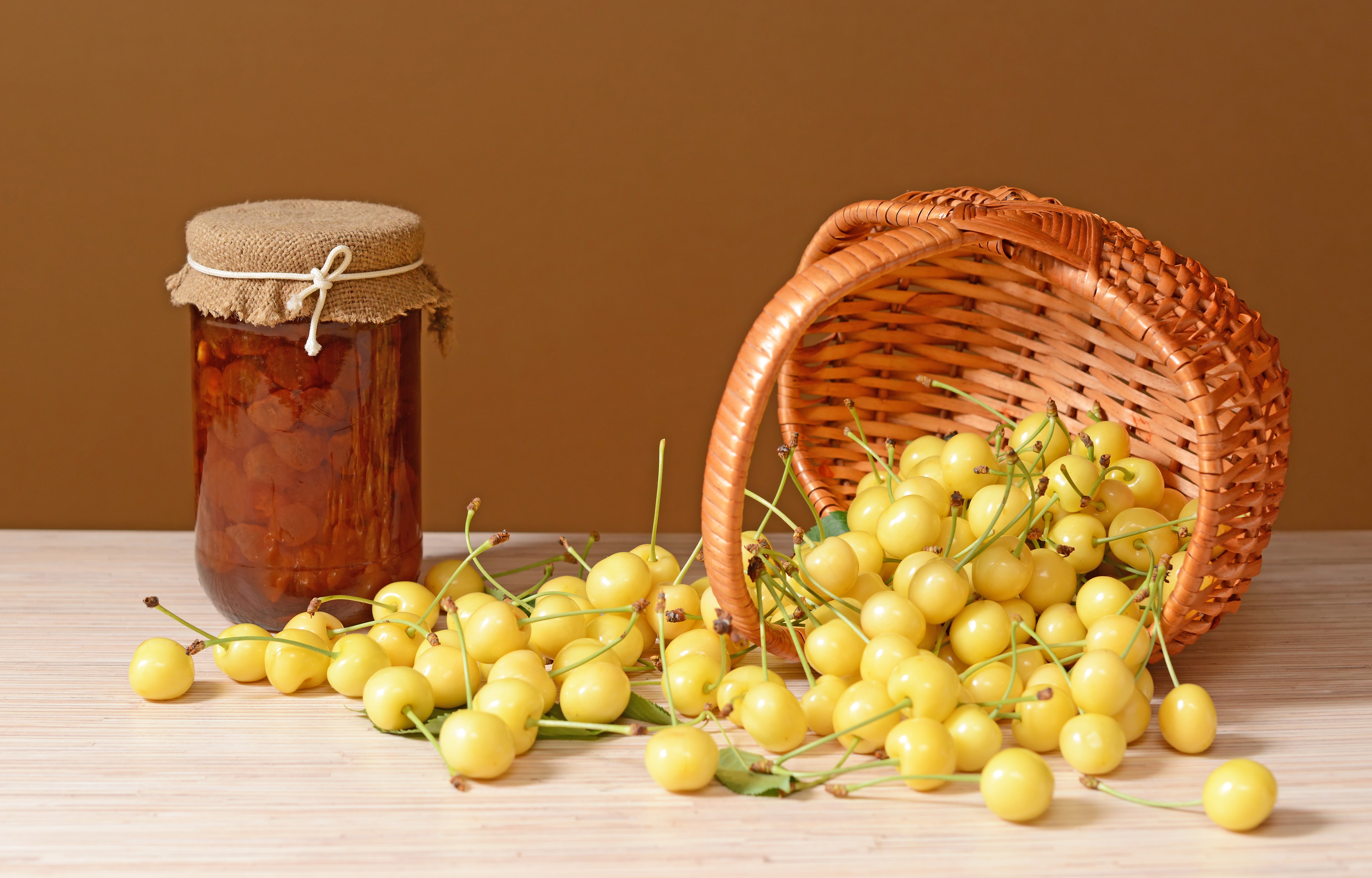 Yellow Cherries and Jam Jar HD Wallpaper