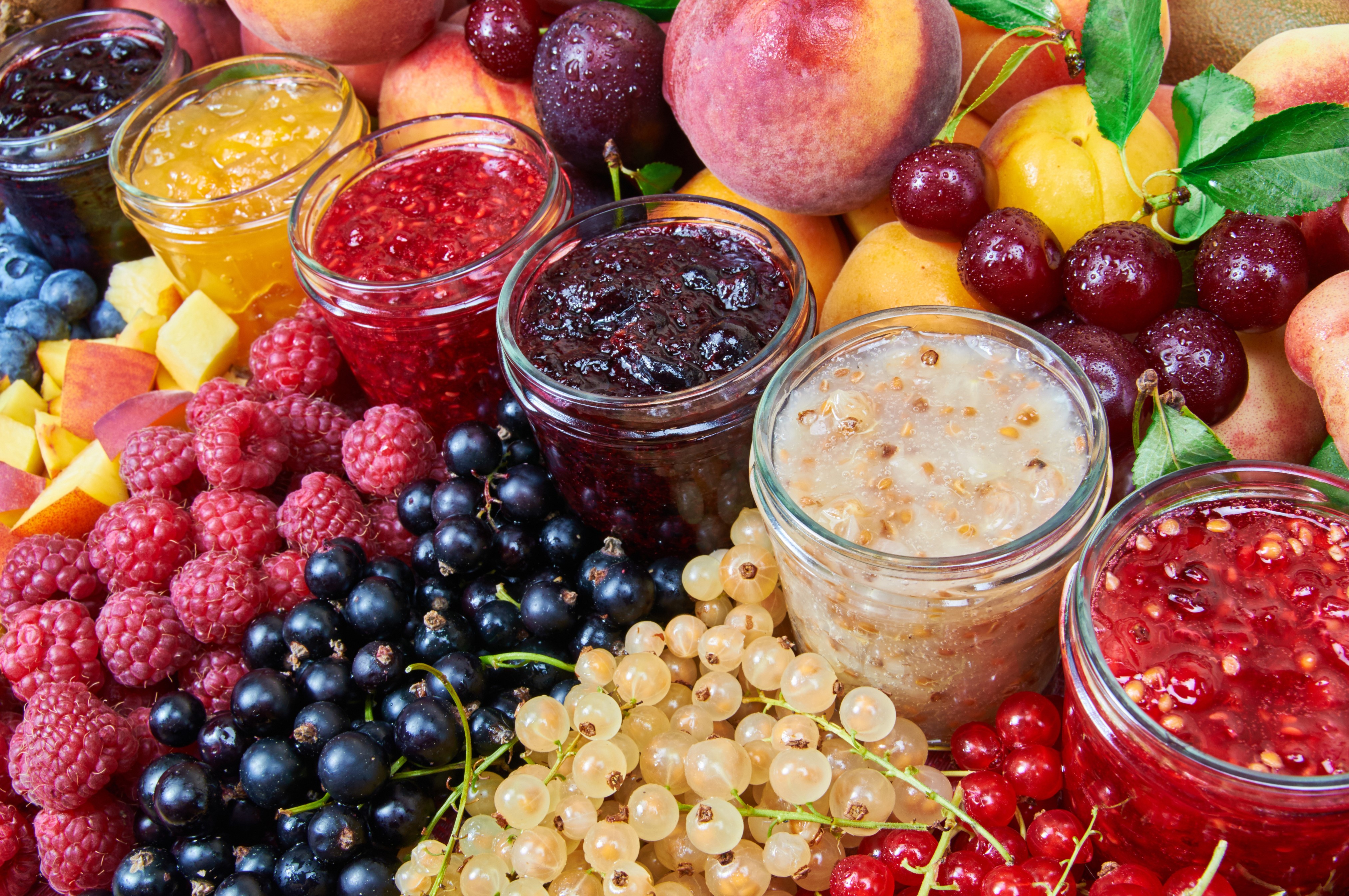 Jars of Jam with Fresh Berries and Fruits HD Wallpaper