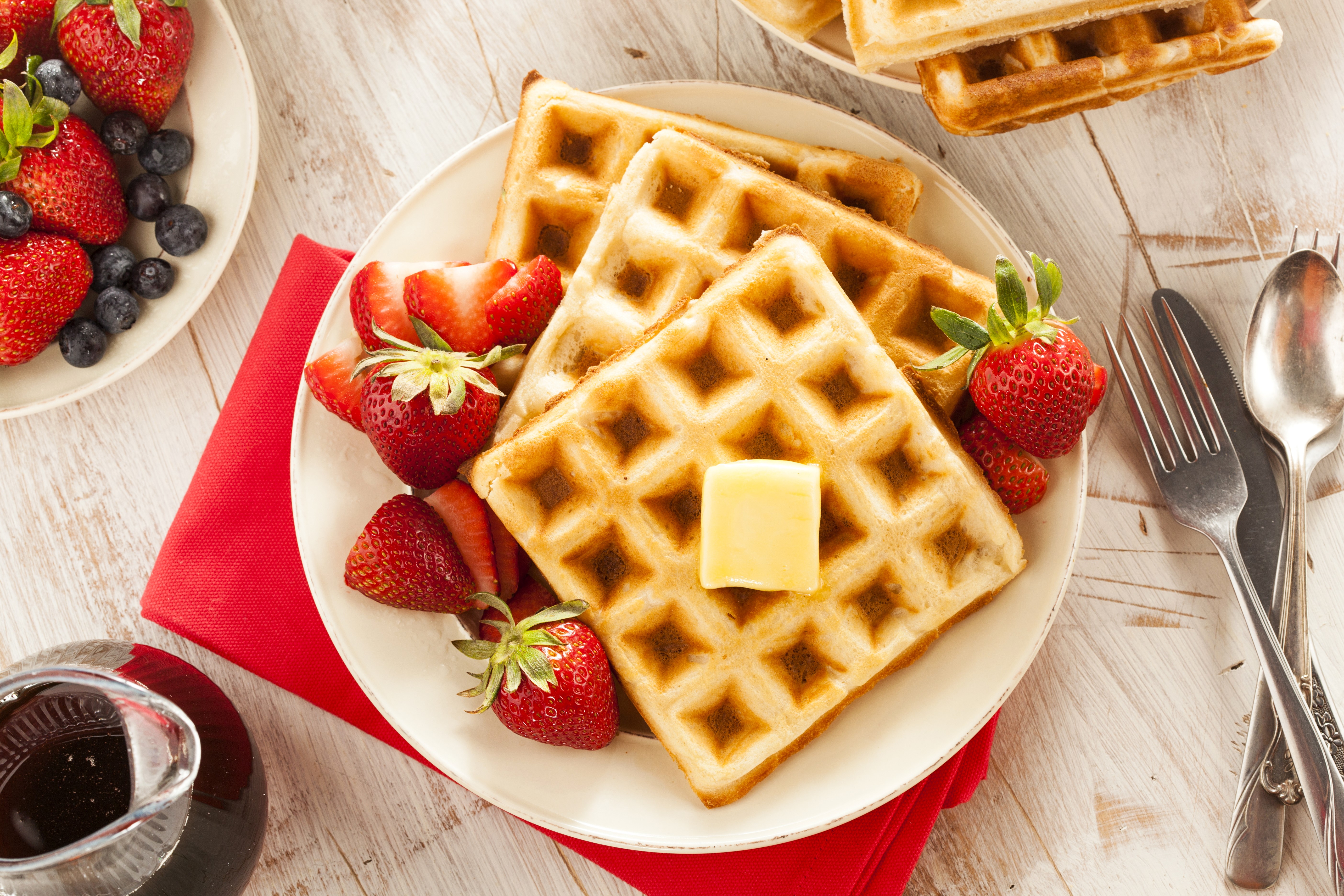 Waffles with Strawberries and Butter on a Plate HD Wallpaper
