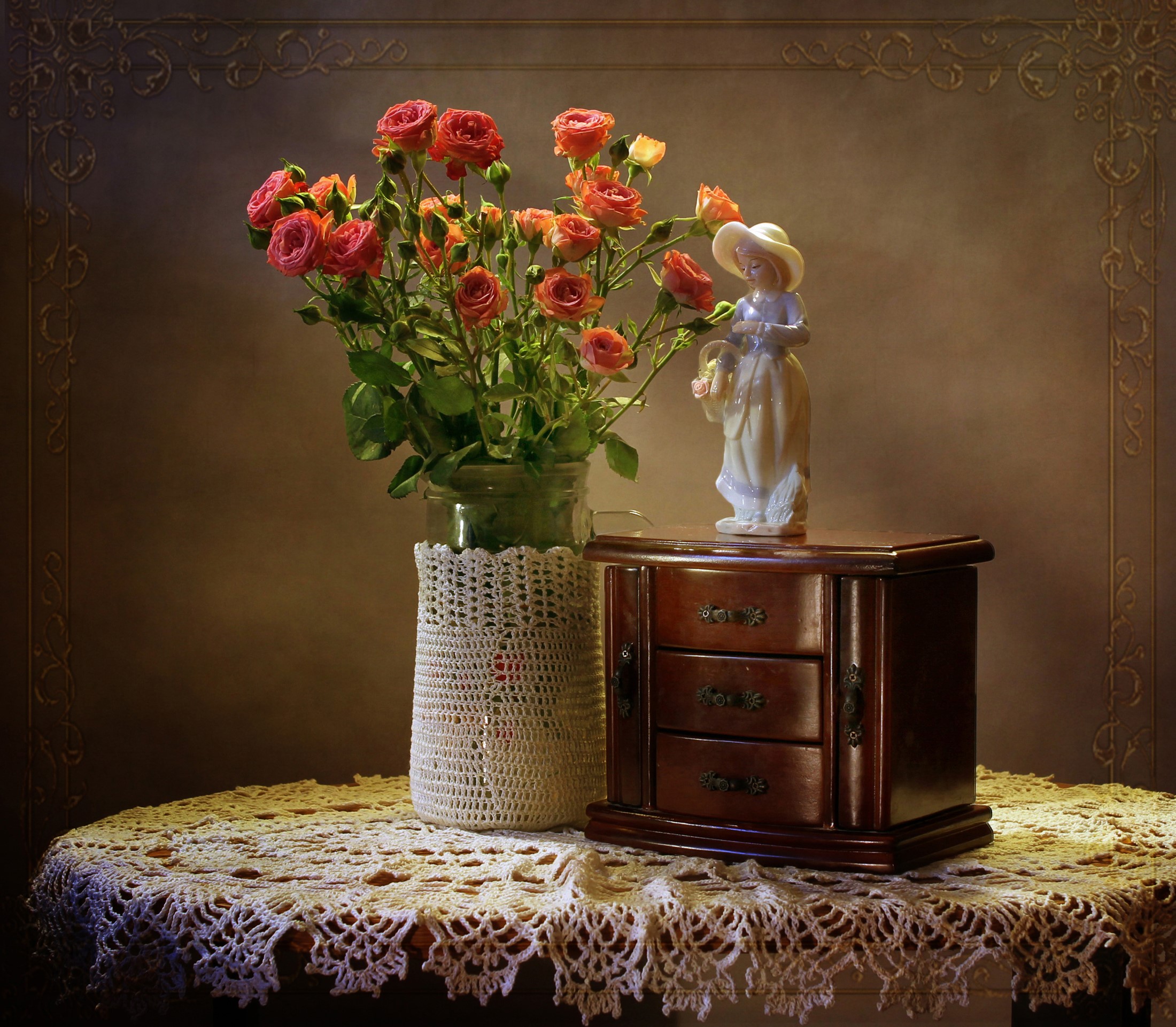 Still-life with roses and a figurine HD Wallpaper