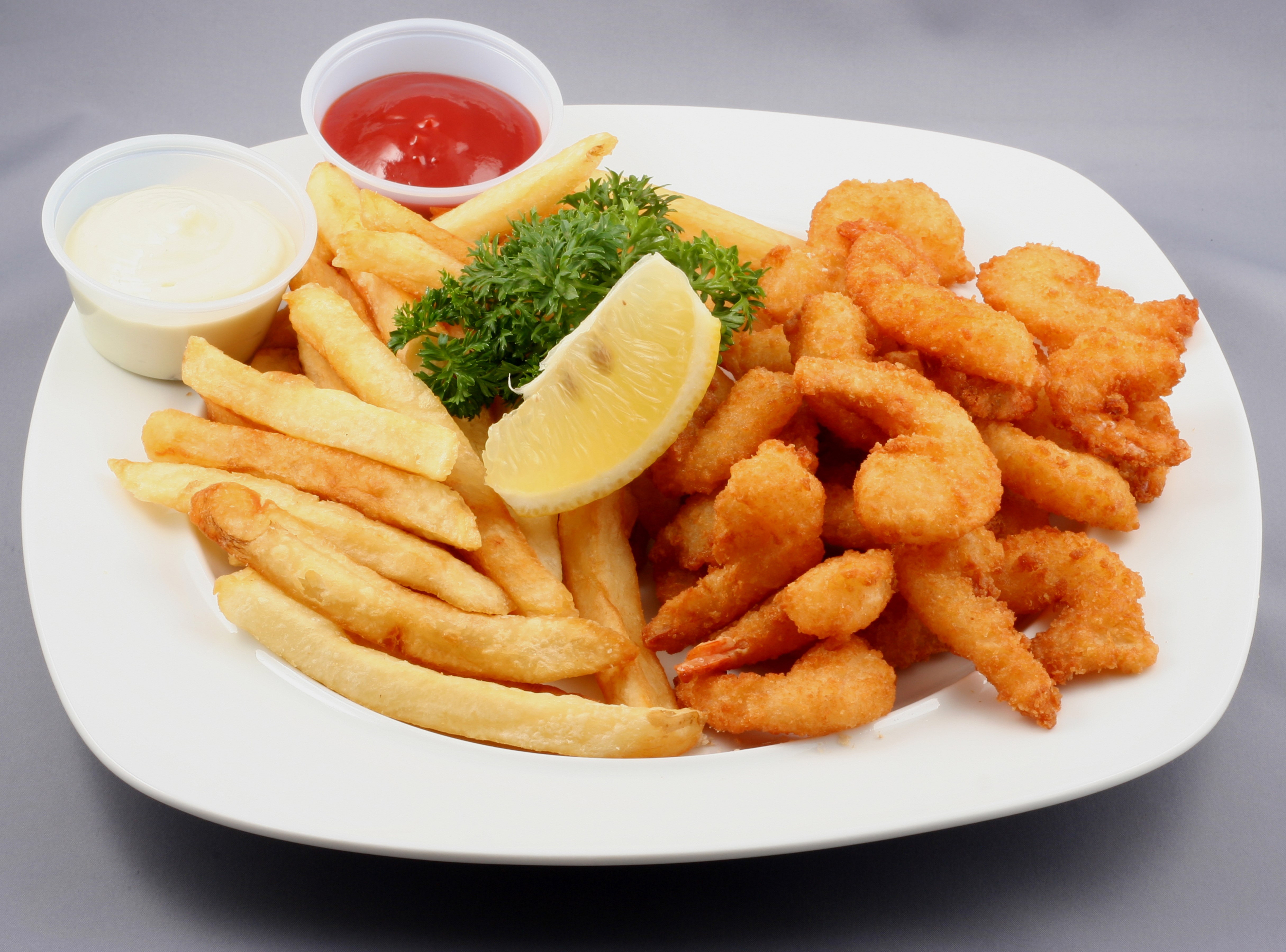 Fried Shrimp and French Fries with Ketchup and Lemon HD Wallpaper