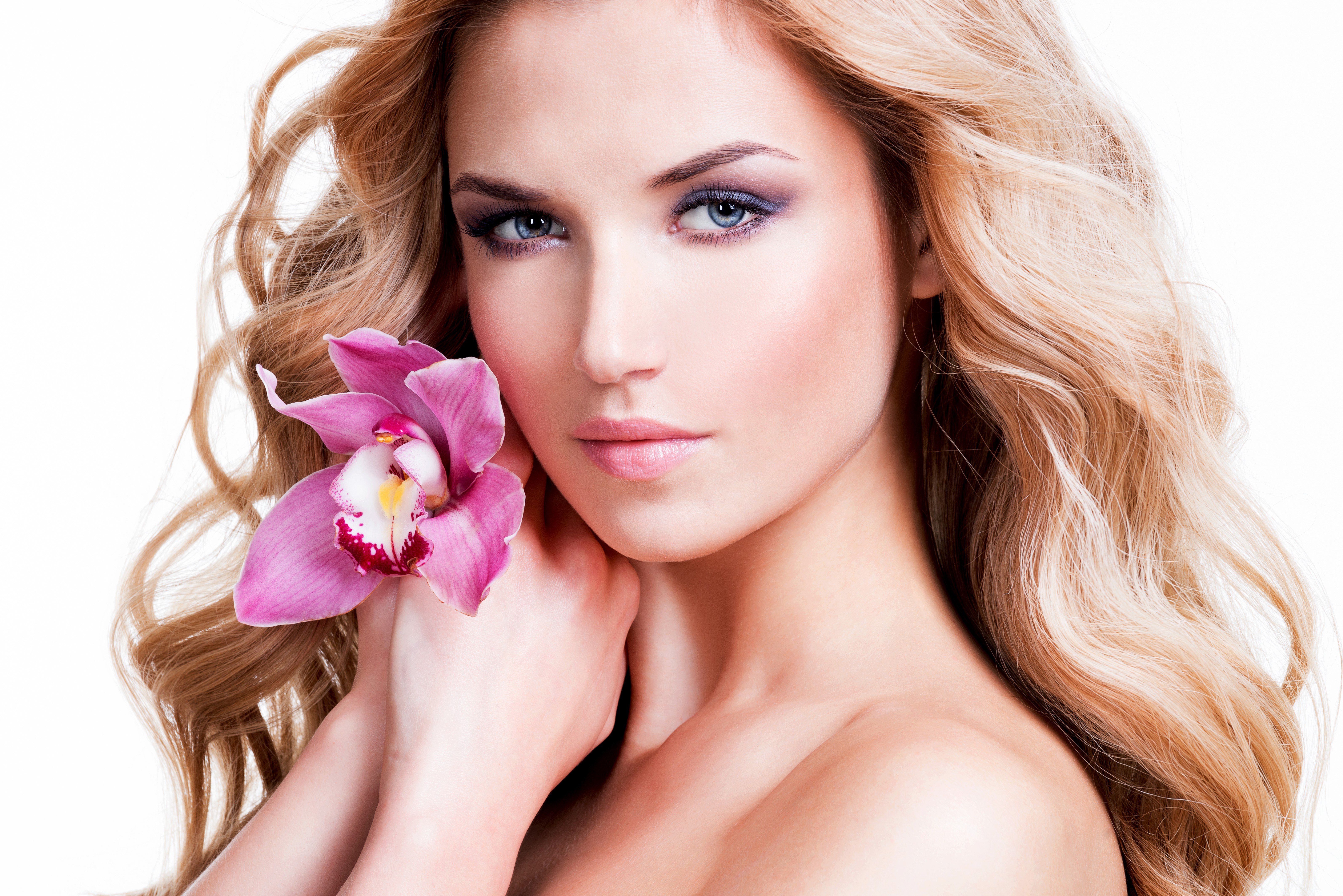 Blonde woman with orchid and makeup HD Wallpaper