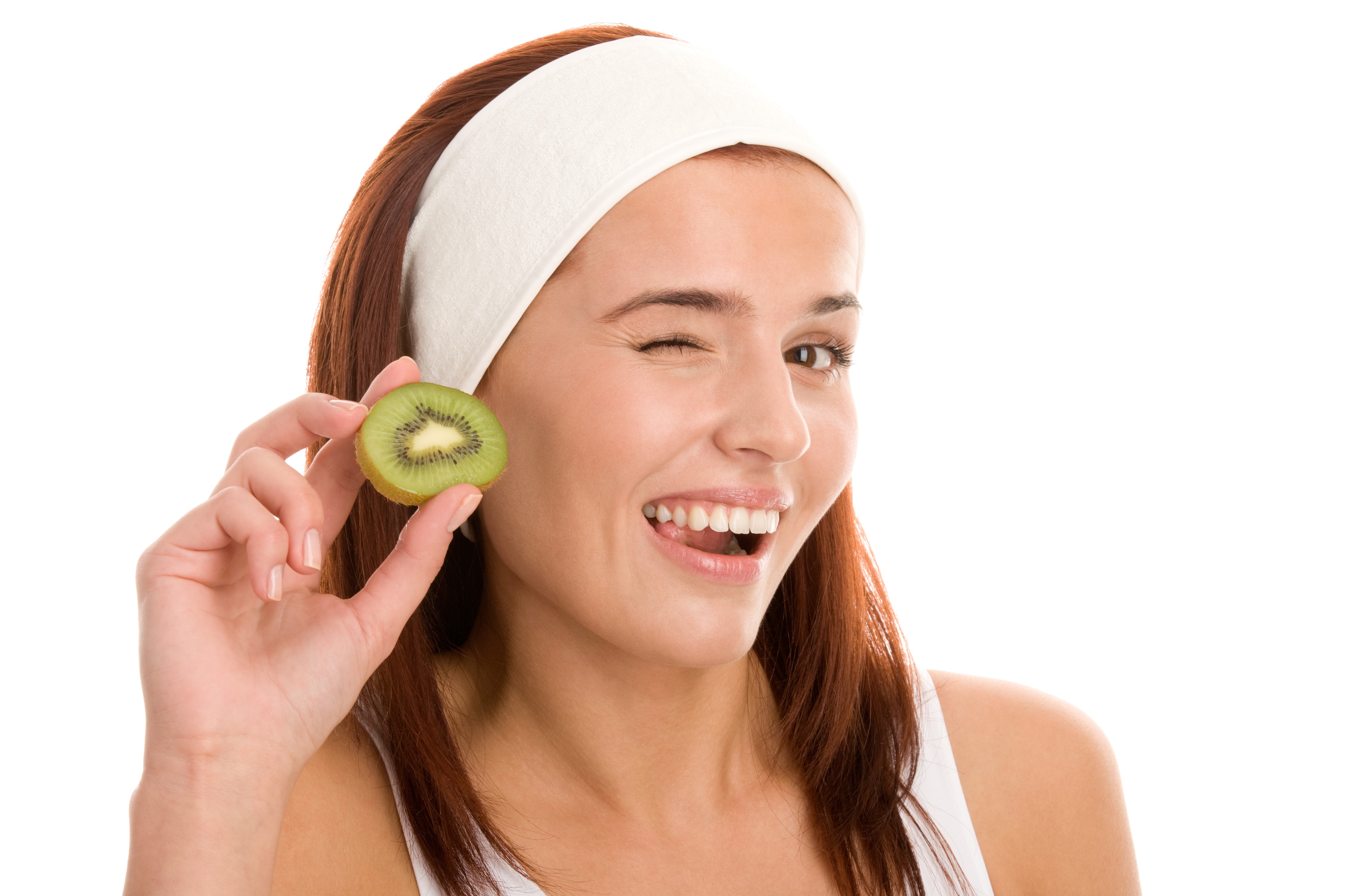 Woman with Kiwi slice on white background HD Wallpaper