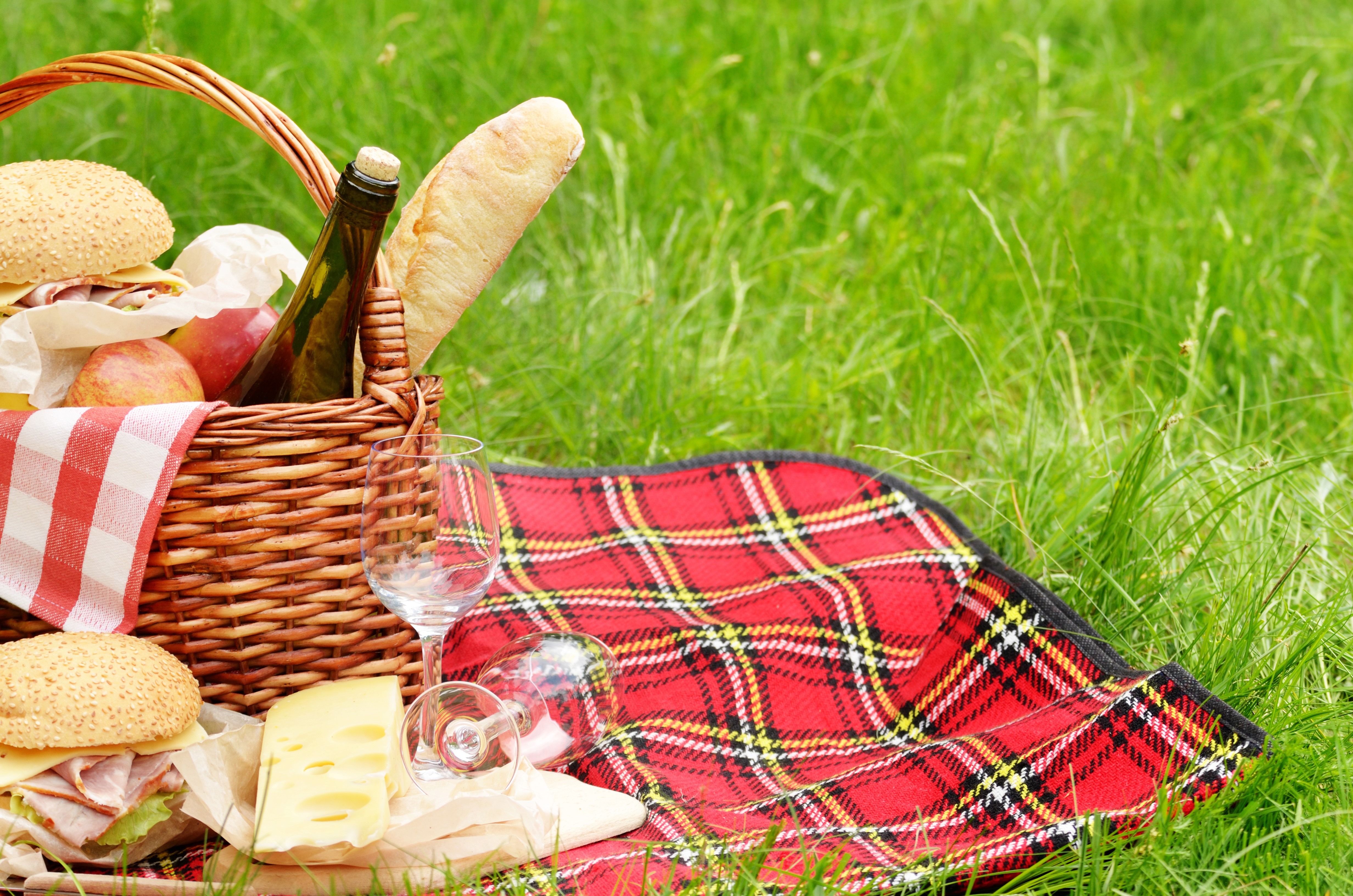 Picnic basket with sandwiches, cheese, bread, and wine HD Wallpaper