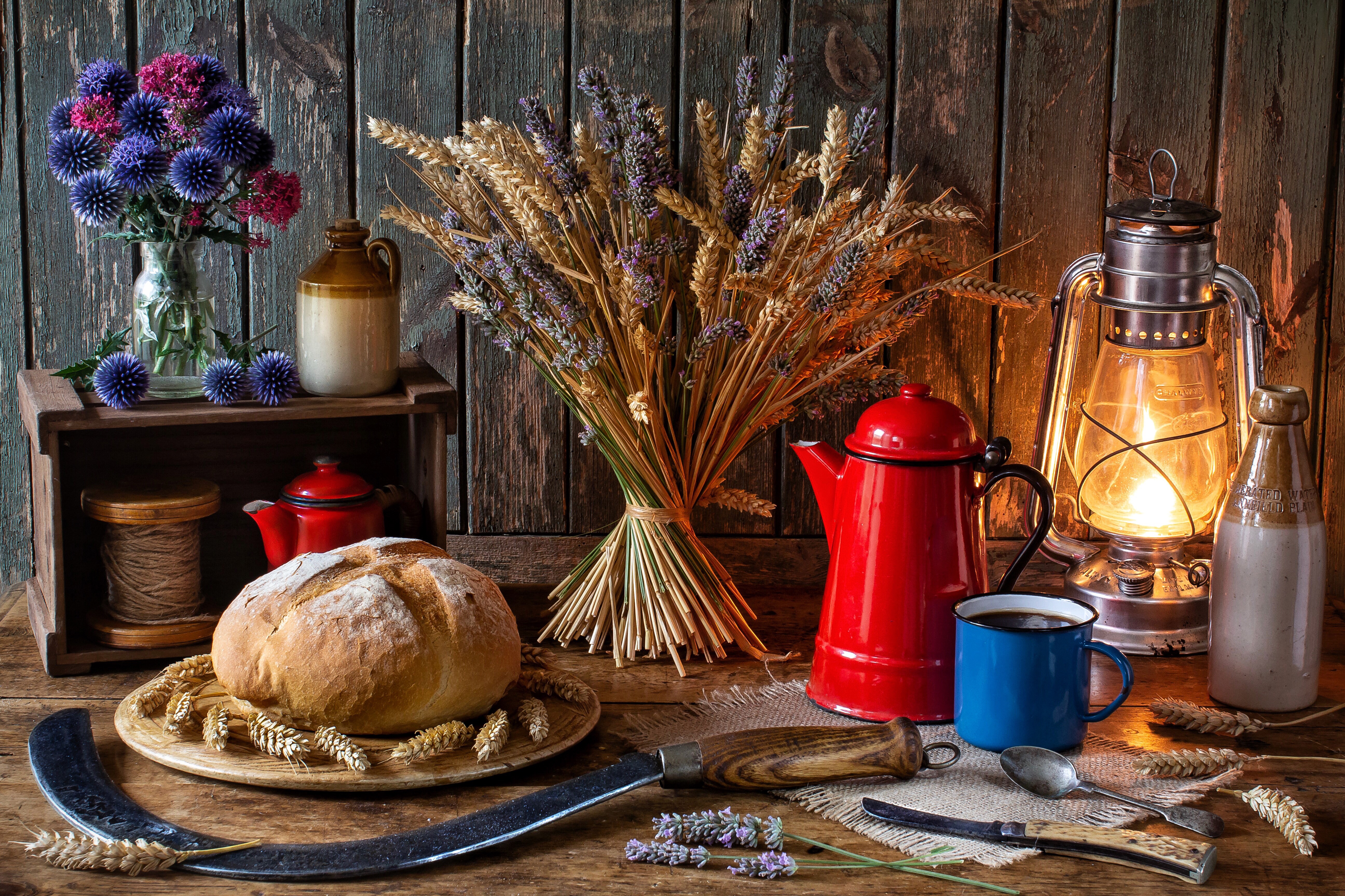 Still-life with bread, flowers, and kerosene lamp HD Wallpaper