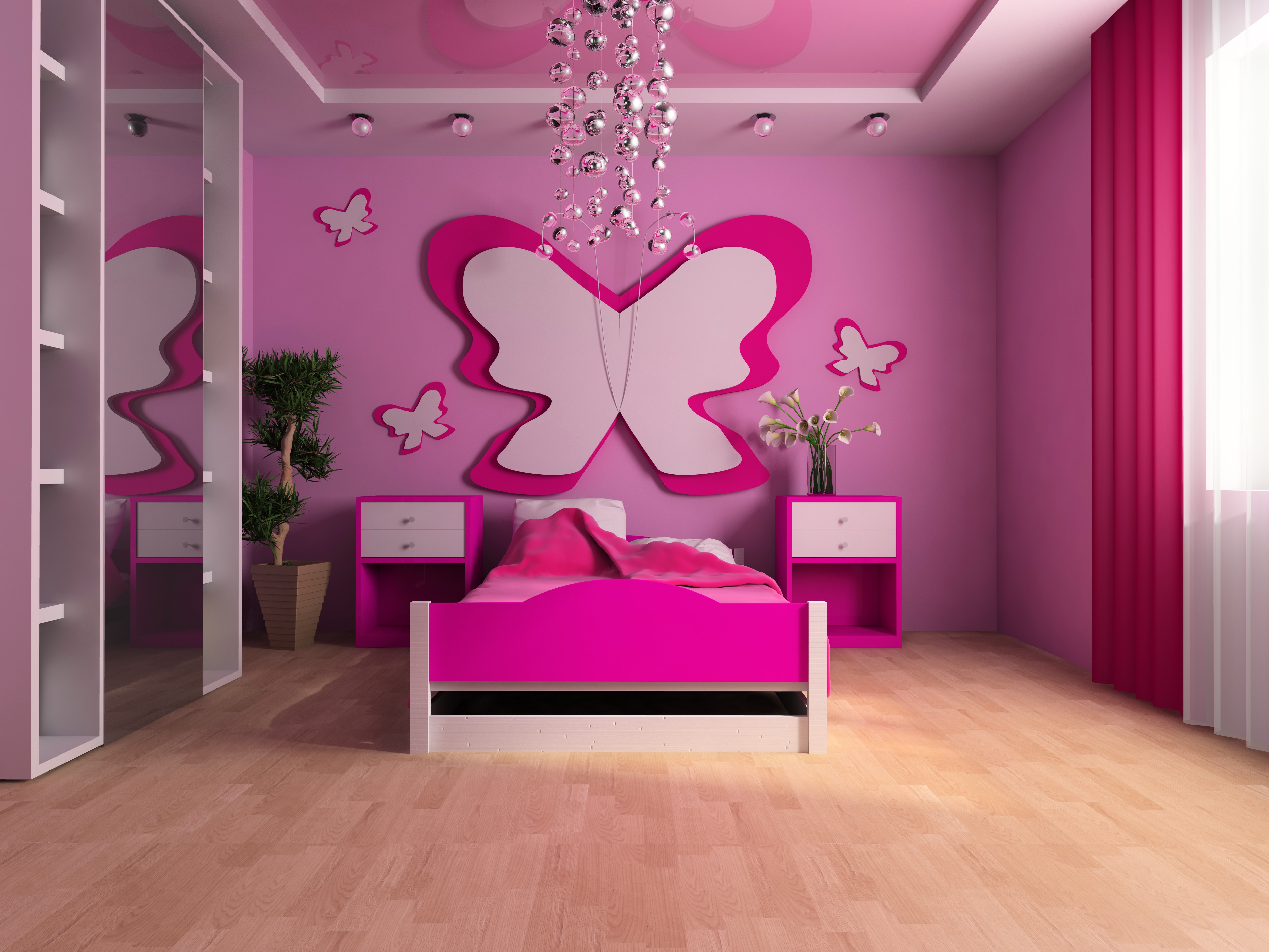Children's room with butterflies and bed HD Wallpaper