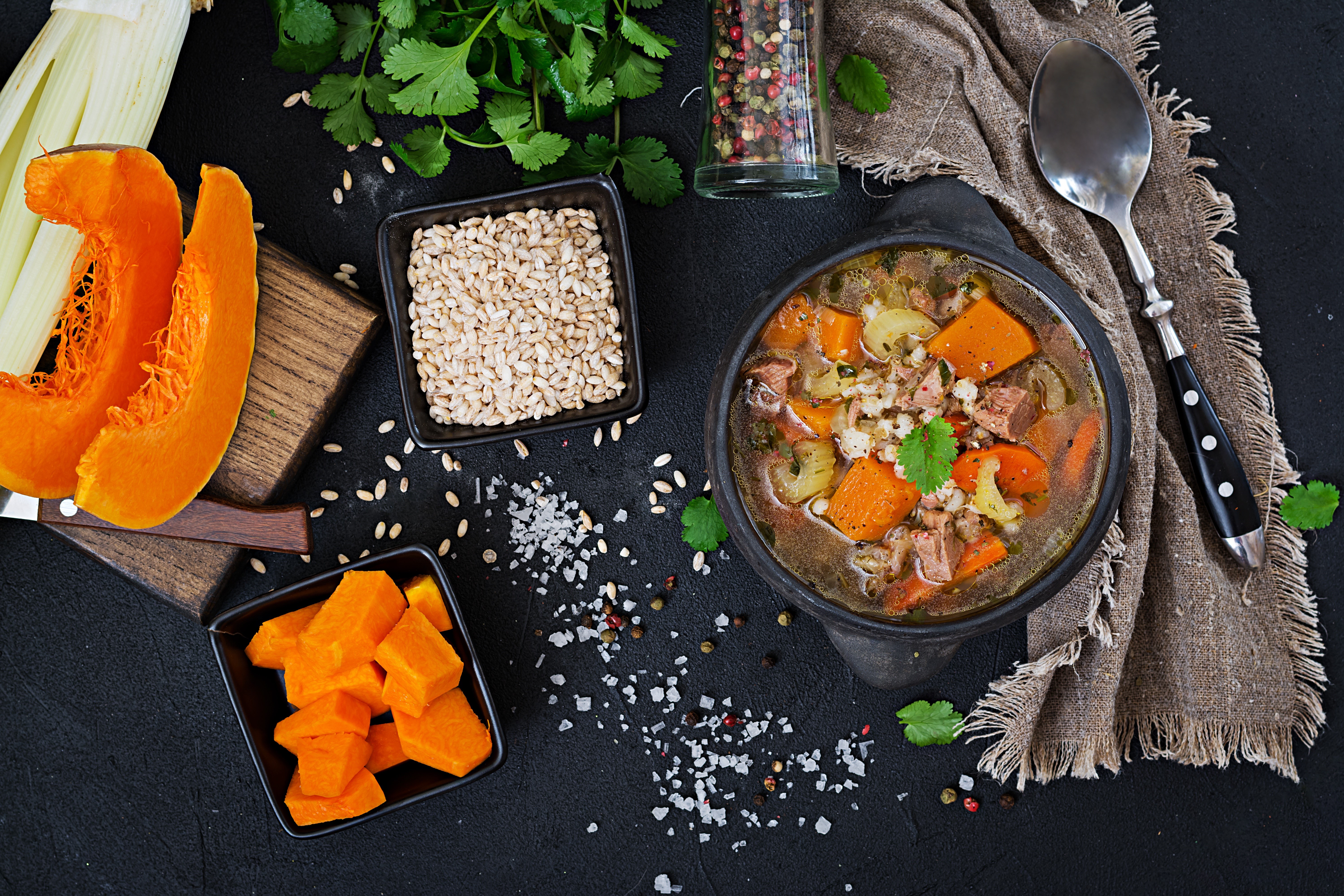 Pumpkin and Barley Soup with Spoon HD Wallpaper