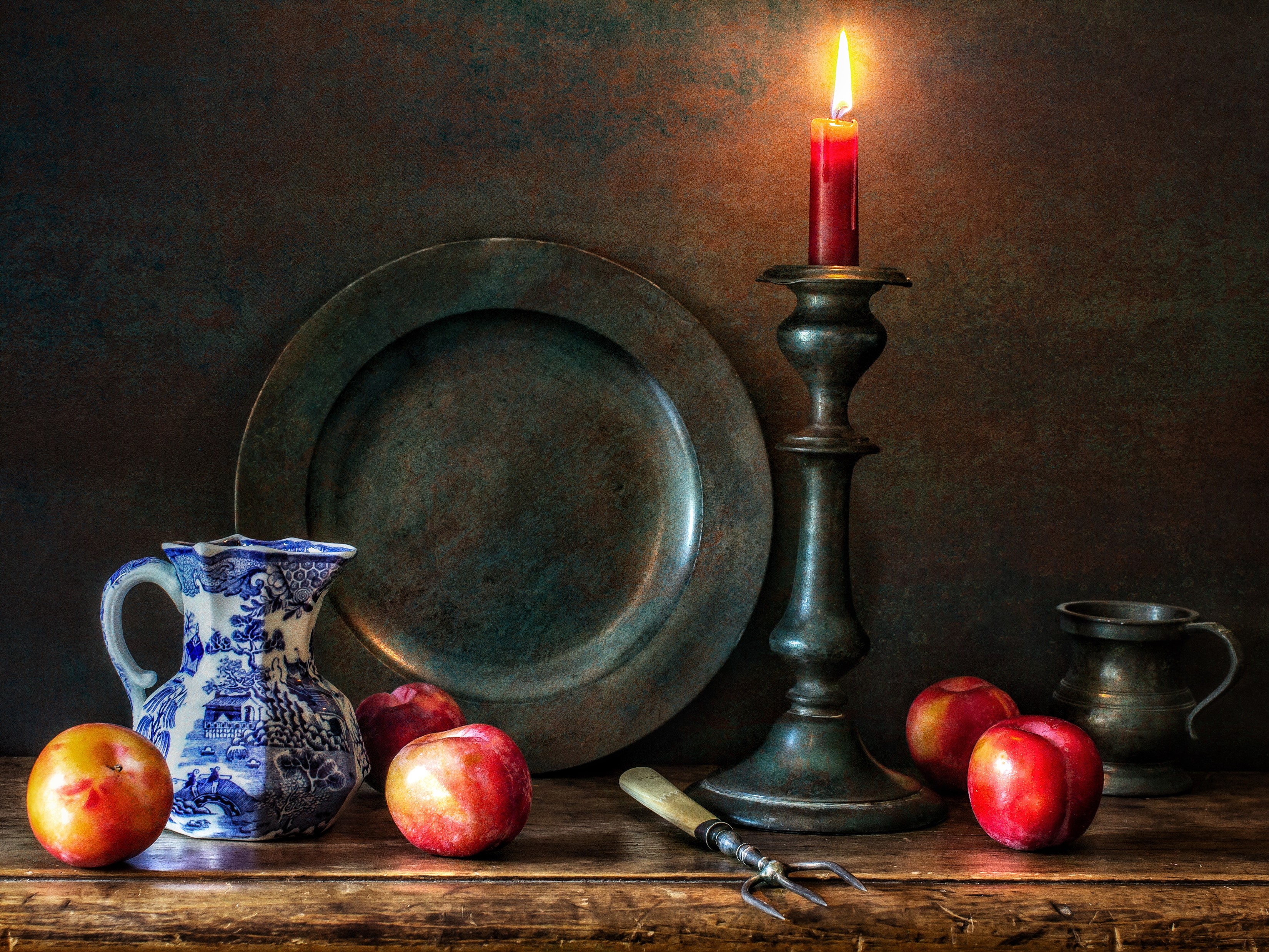 Still-life with candle, pitcher, plate, and fruit HD Wallpaper