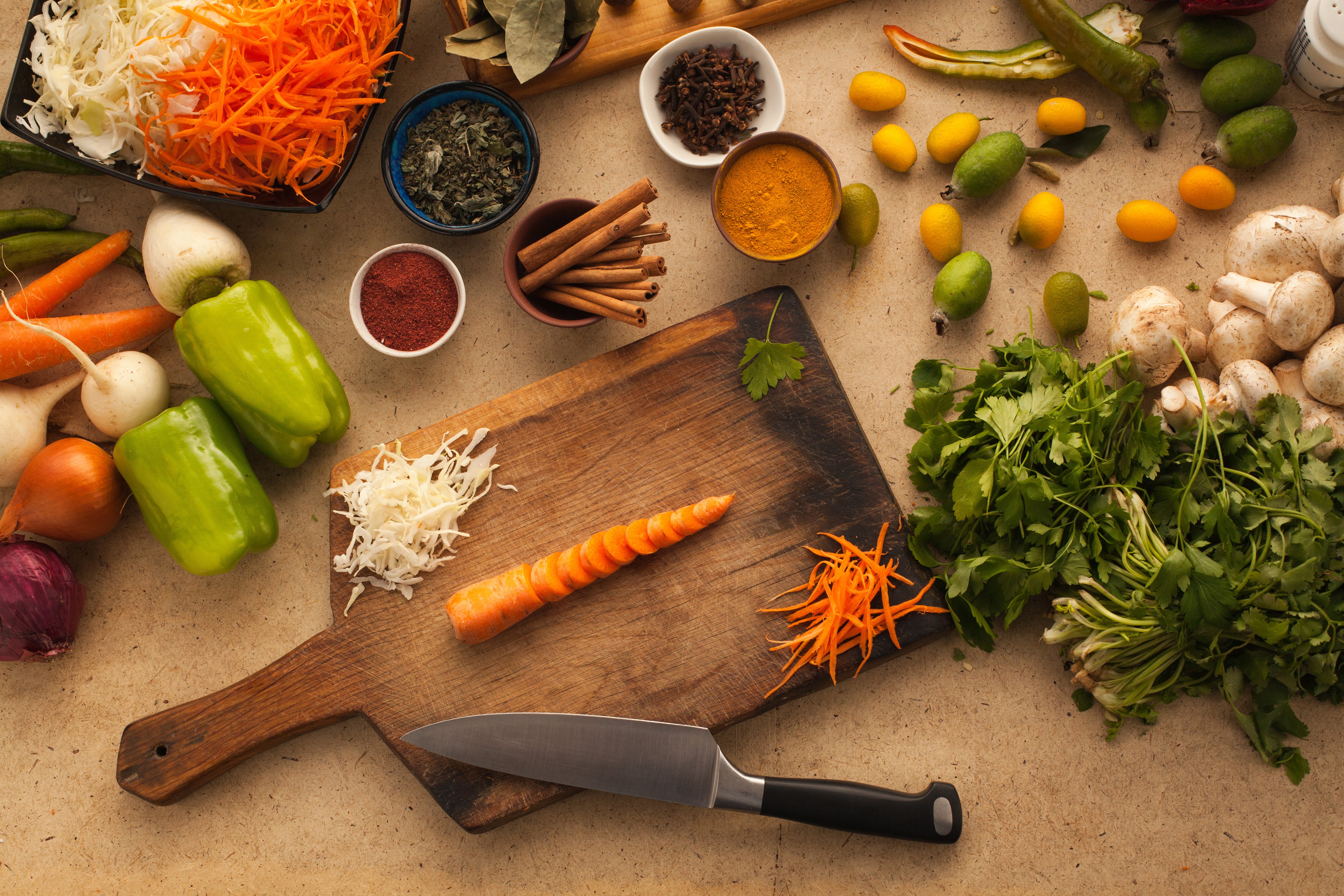 Vegetables and Spices on a Cutting Board HD Wallpaper