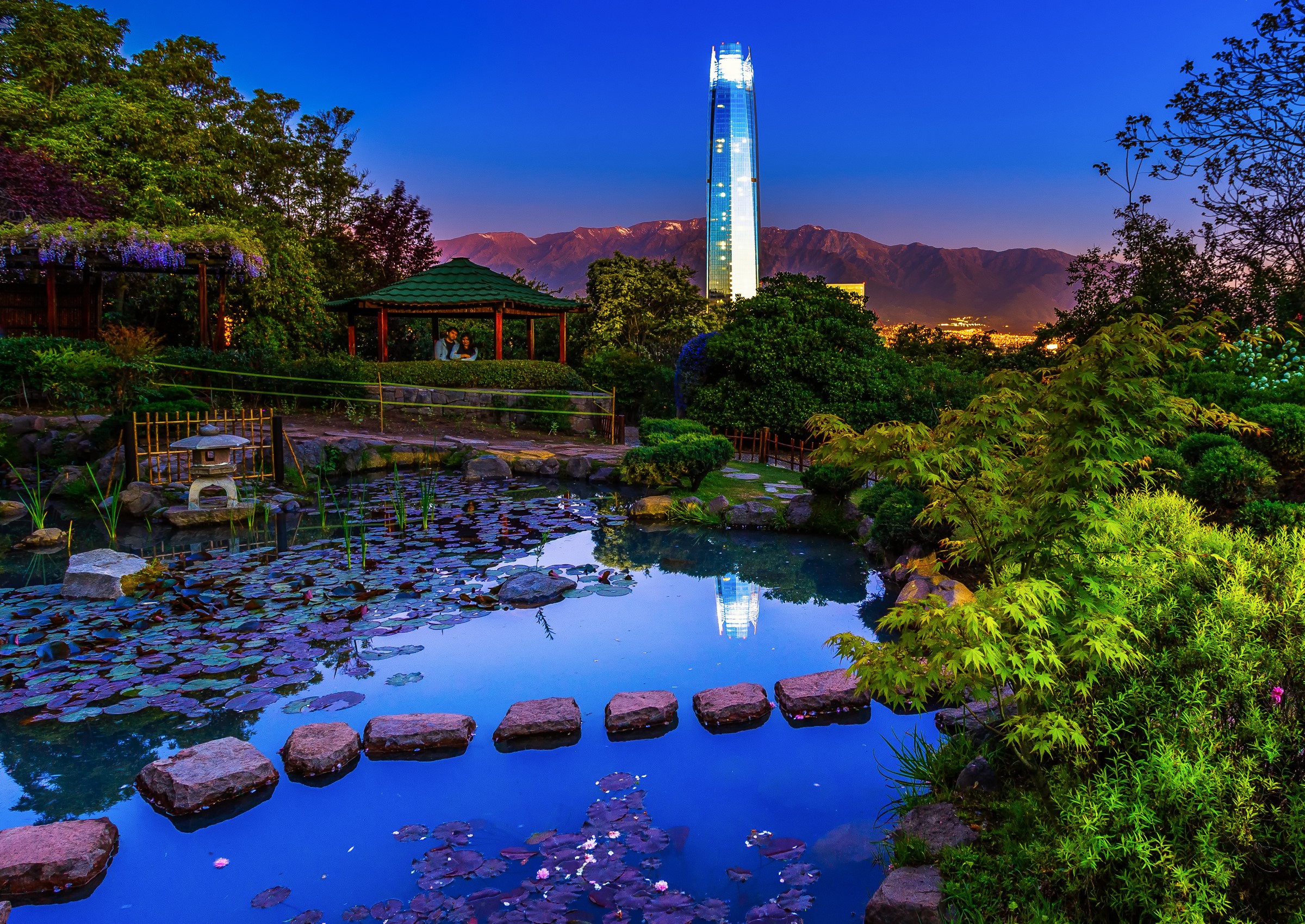 Santiago Japanese Garden at dusk with skyscraper HD Wallpaper