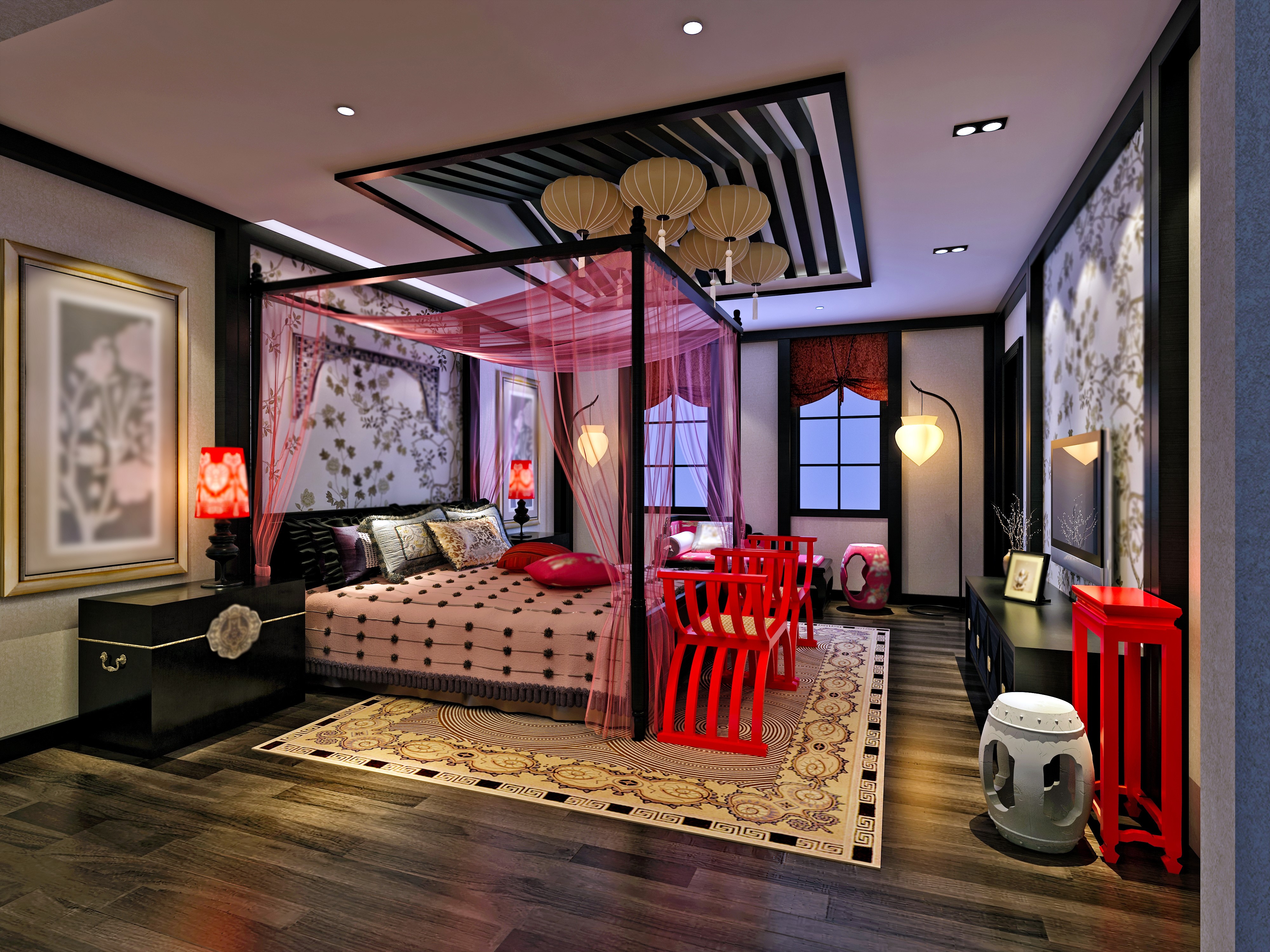 Bedroom Interior Design with Canopy Bed and Red Accents HD Wallpaper