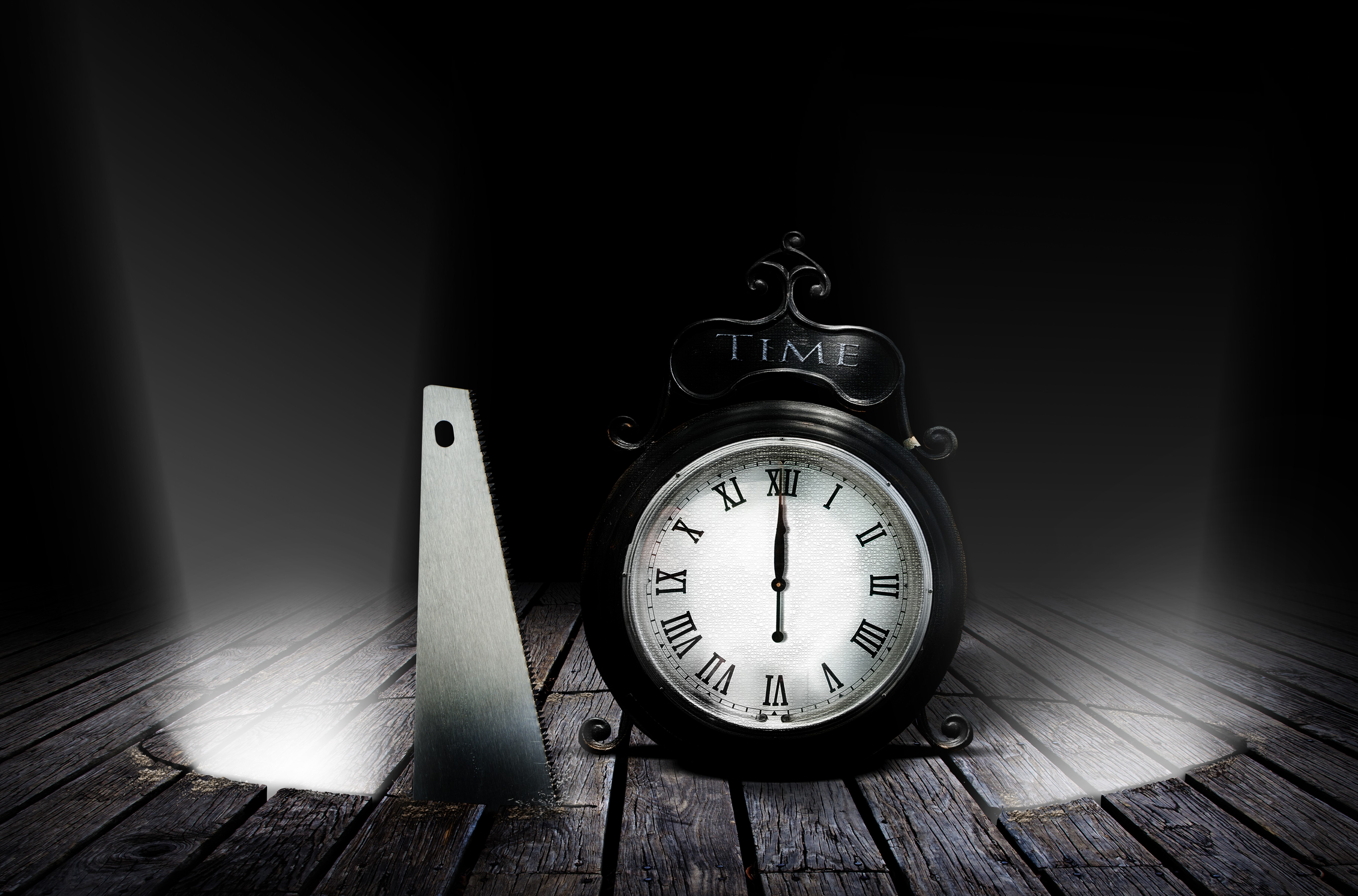Clock and Saw on Wood Planks HD Wallpaper