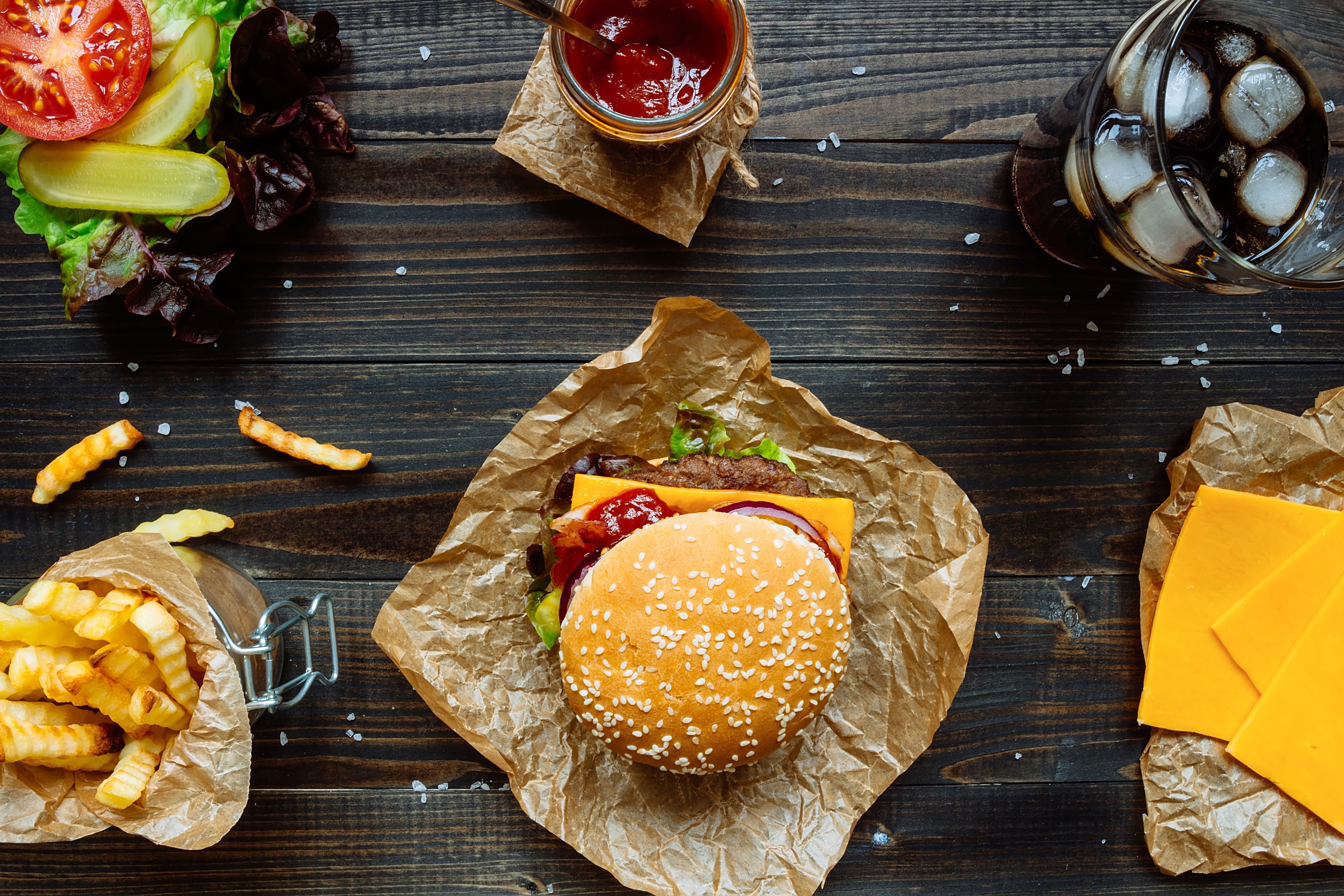 Hamburger with fries and soda HD Wallpaper