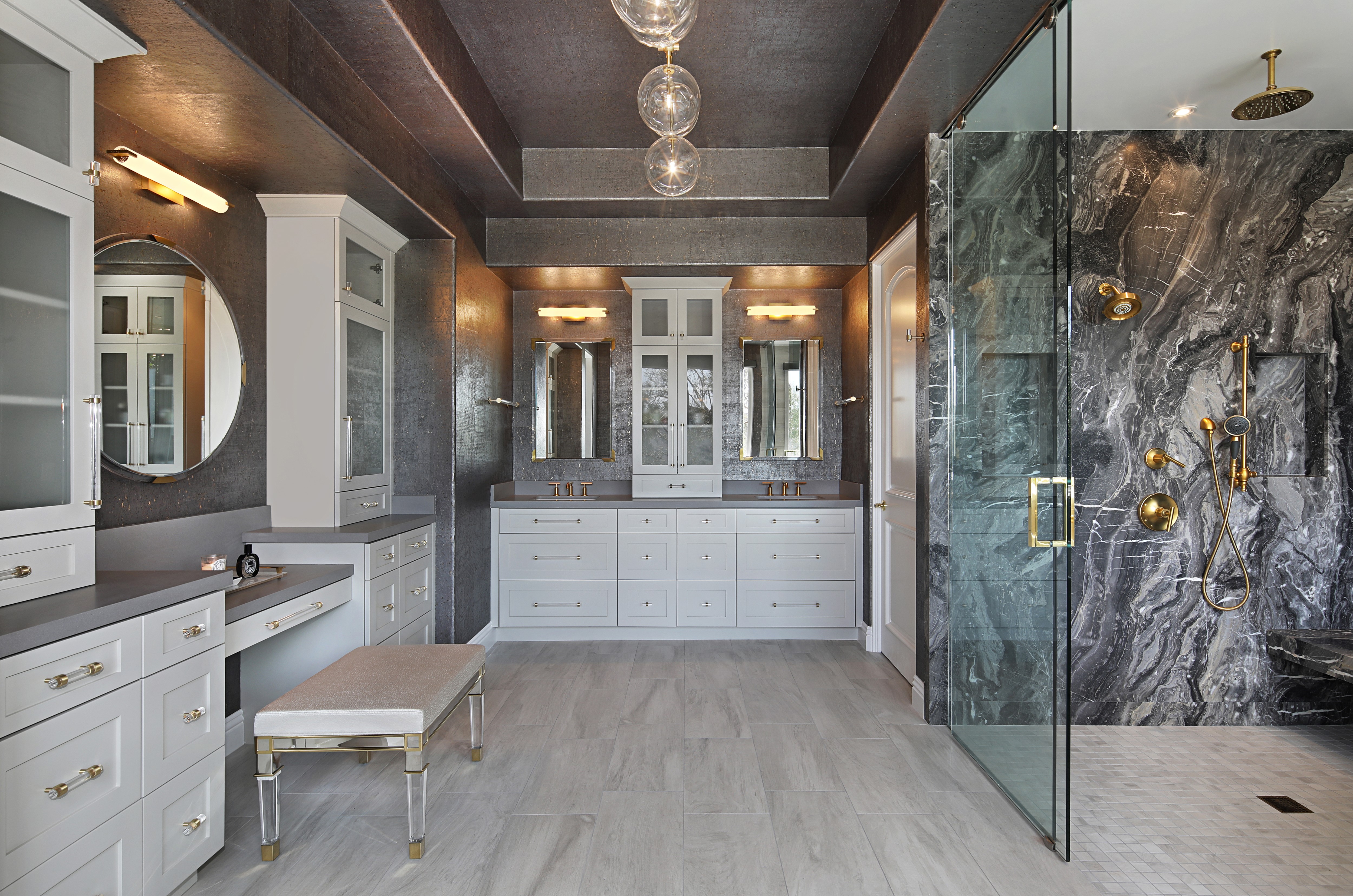 Luxury bathroom with marble shower and double vanity HD Wallpaper