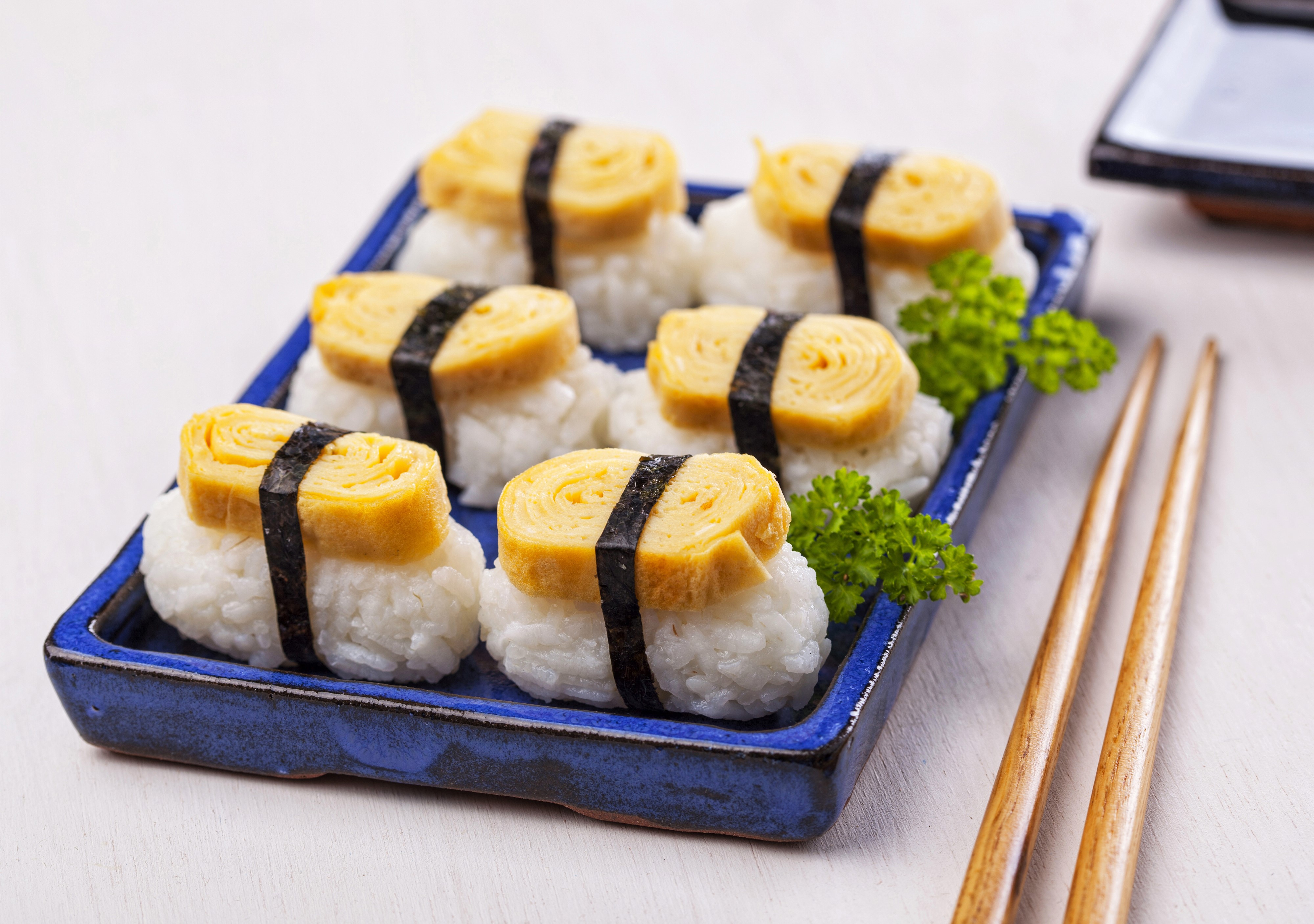Tamagoyaki Sushi on Blue Plate HD Wallpaper