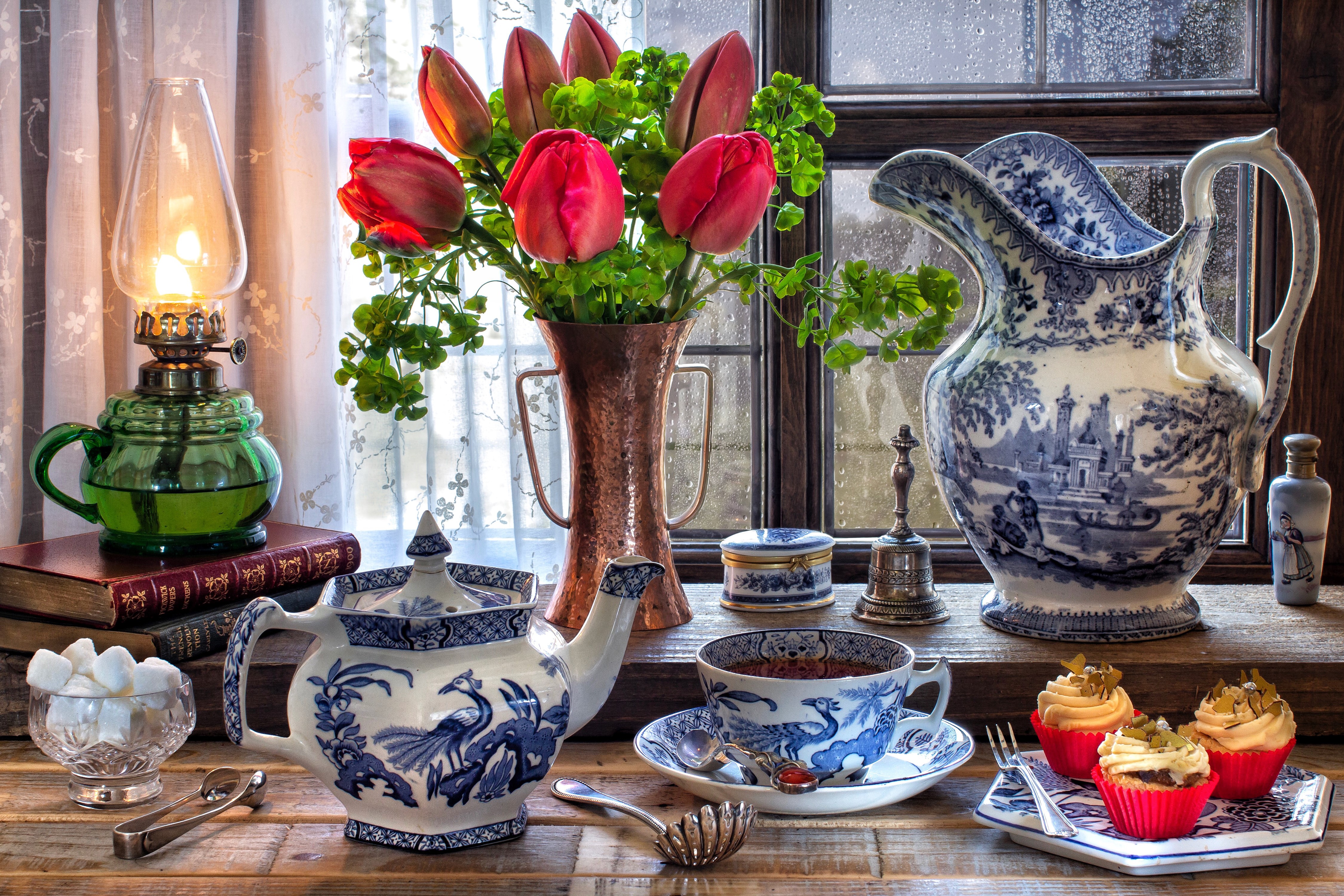 Still-life with tulips, tea set, and cupcakes HD Wallpaper