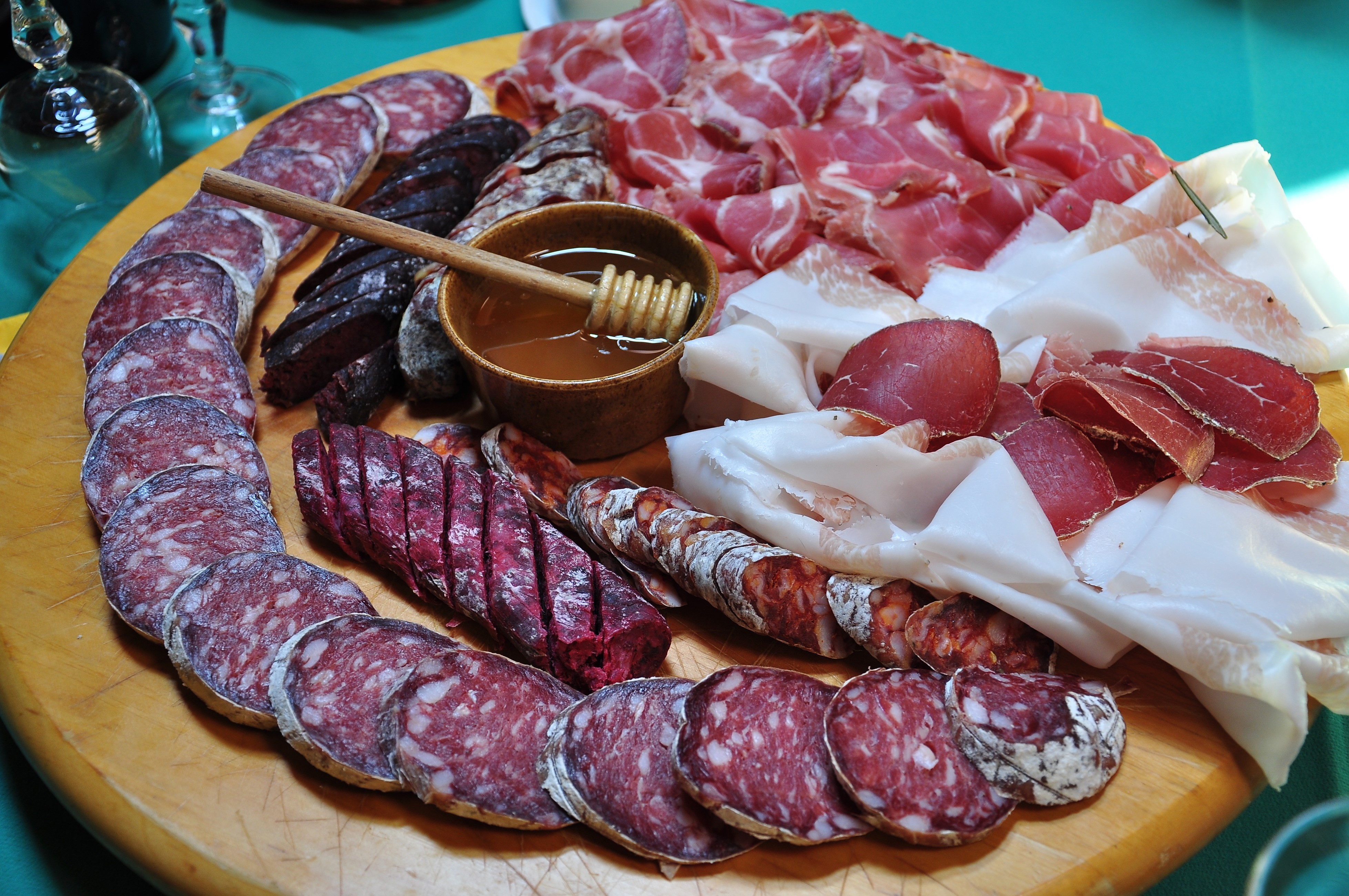 Charcuterie board with various cured meats and honey HD Wallpaper