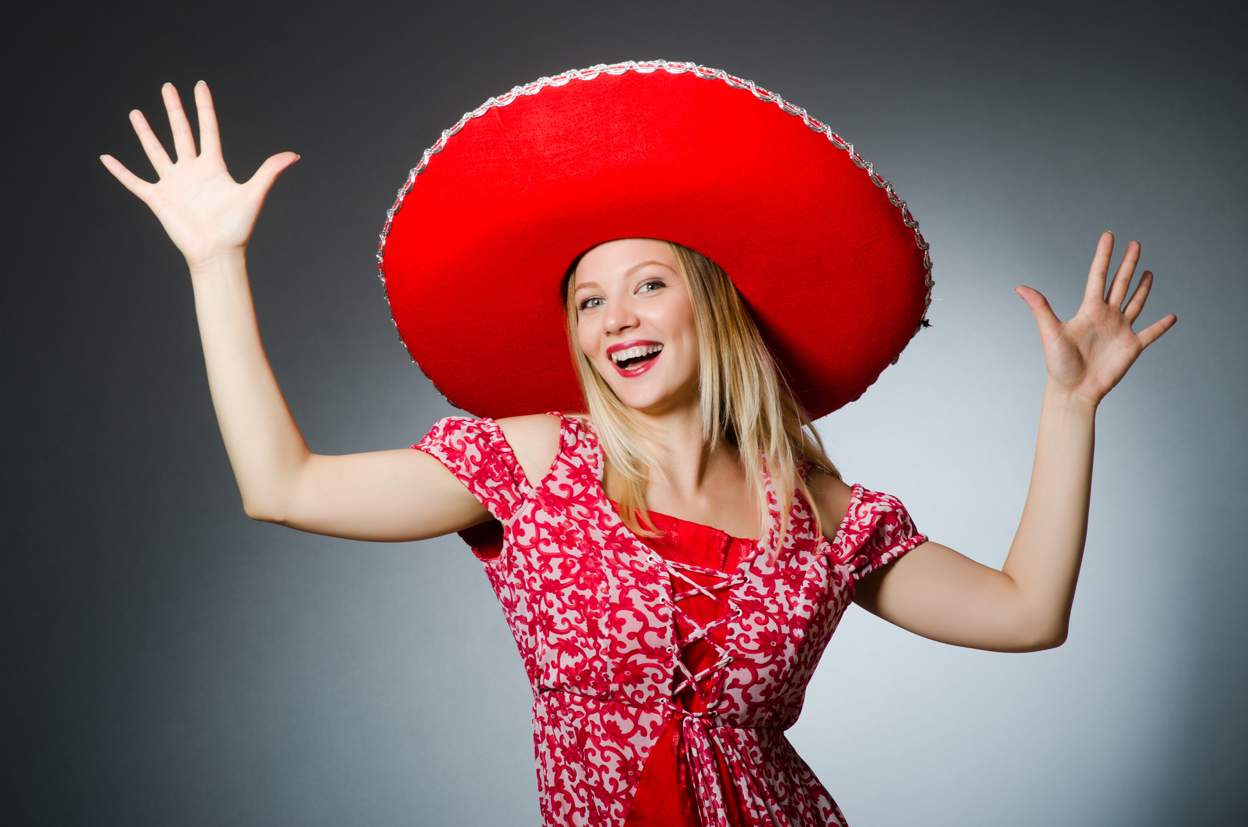 Blonde girl in a red sombrero and dress HD Wallpaper