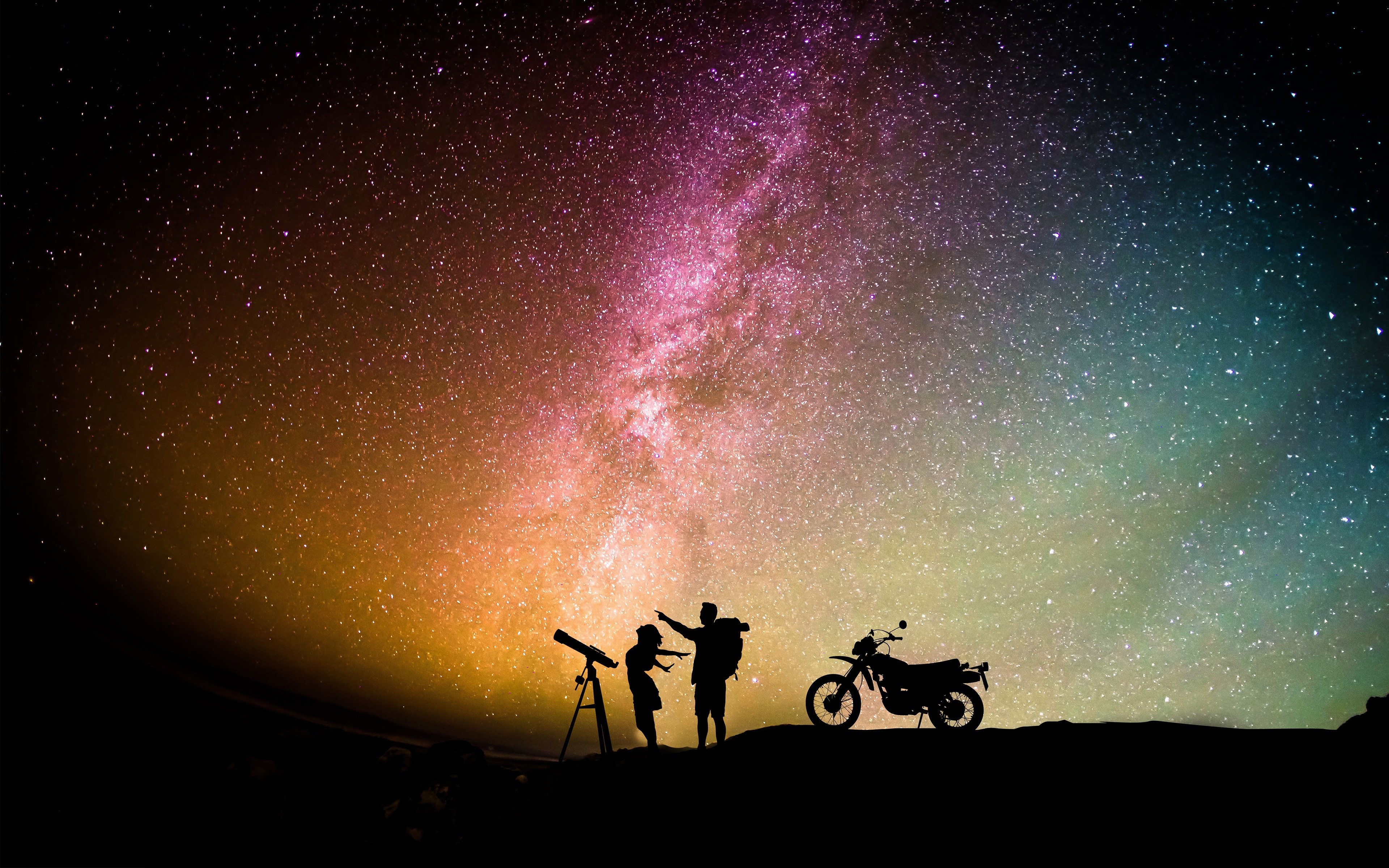 Couple stargazing with a motorcycle HD Wallpaper