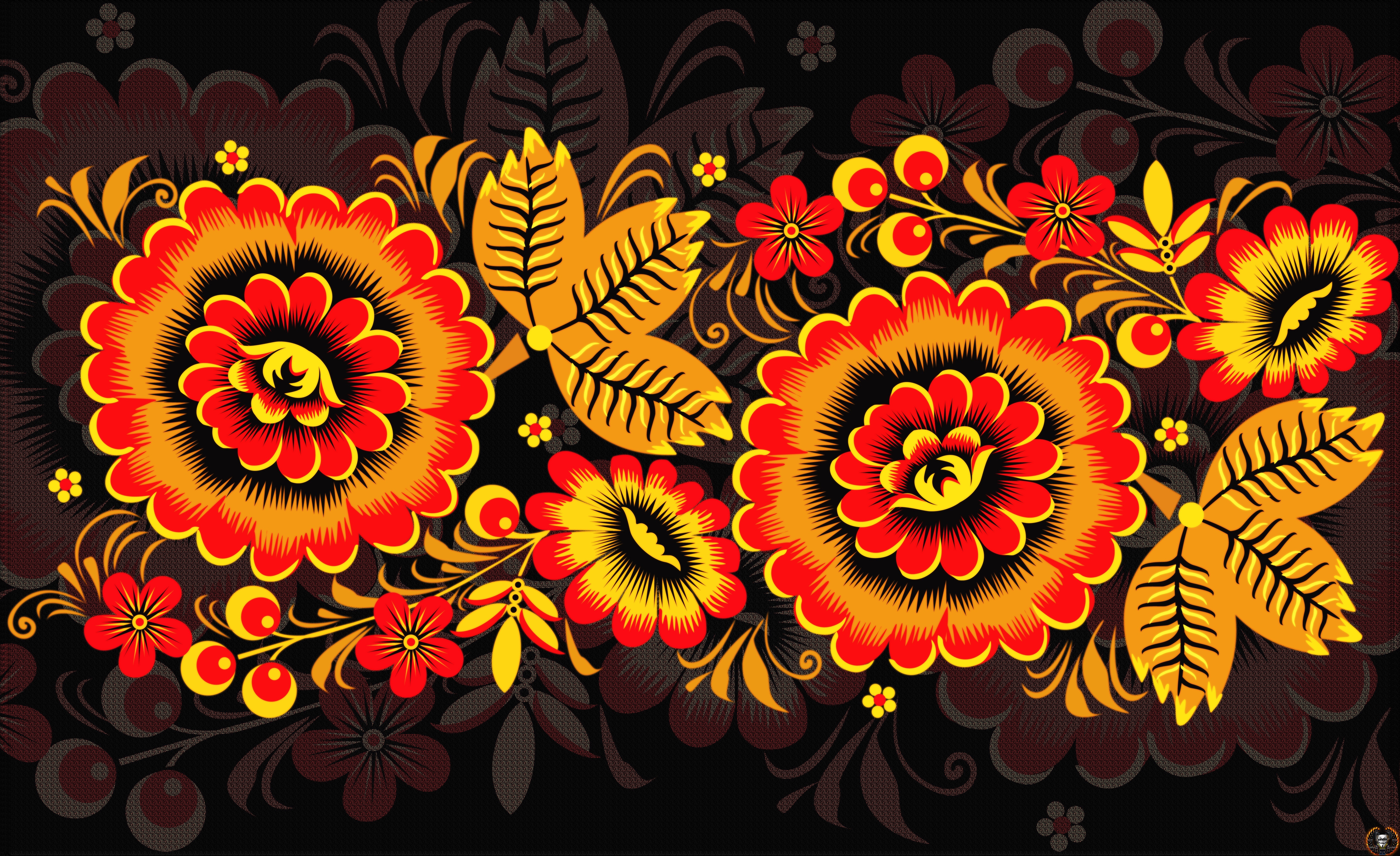 Khokhloma floral pattern with red and yellow flowers HD Wallpaper