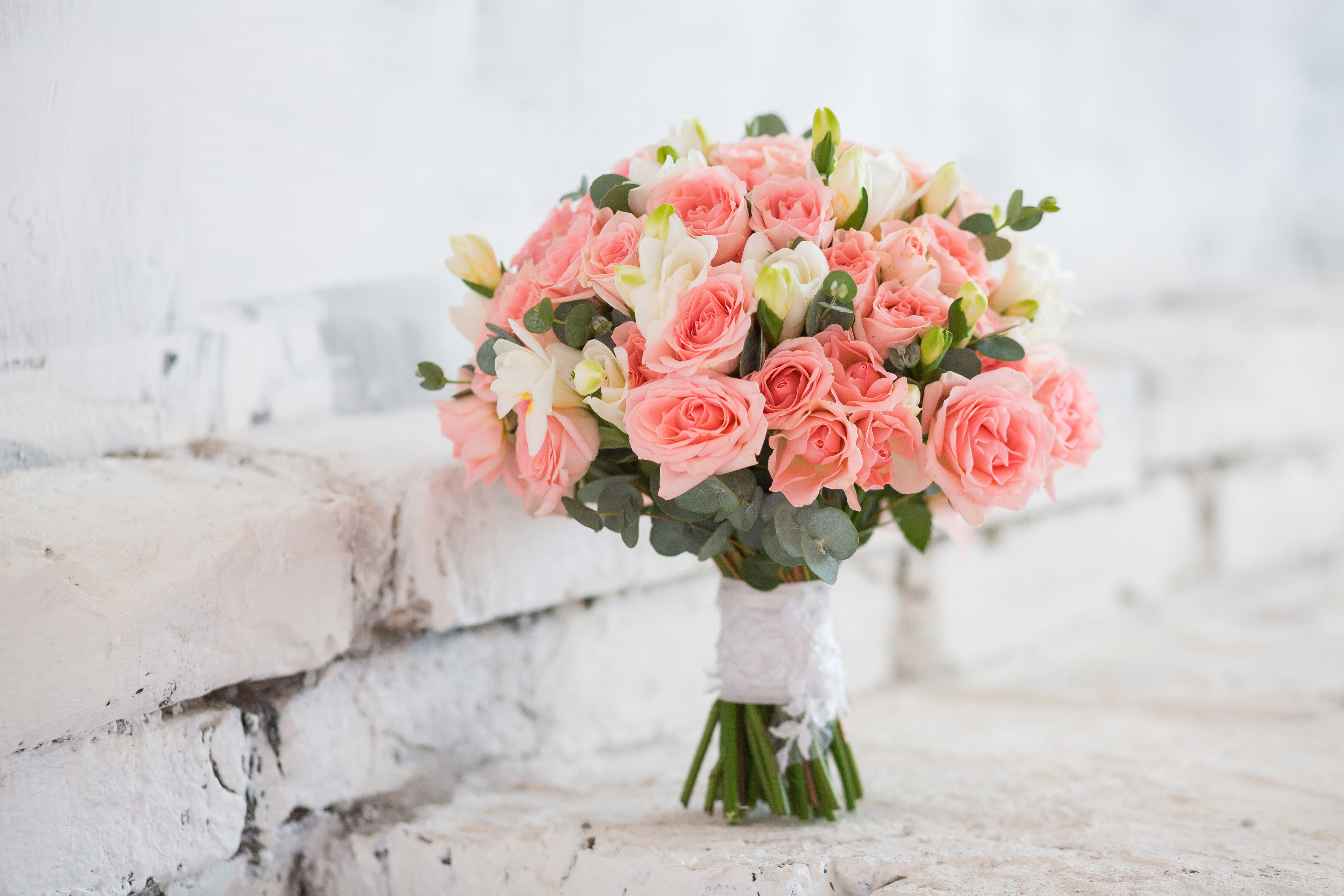 Bouquet of Pink Roses and Freesia HD Wallpaper