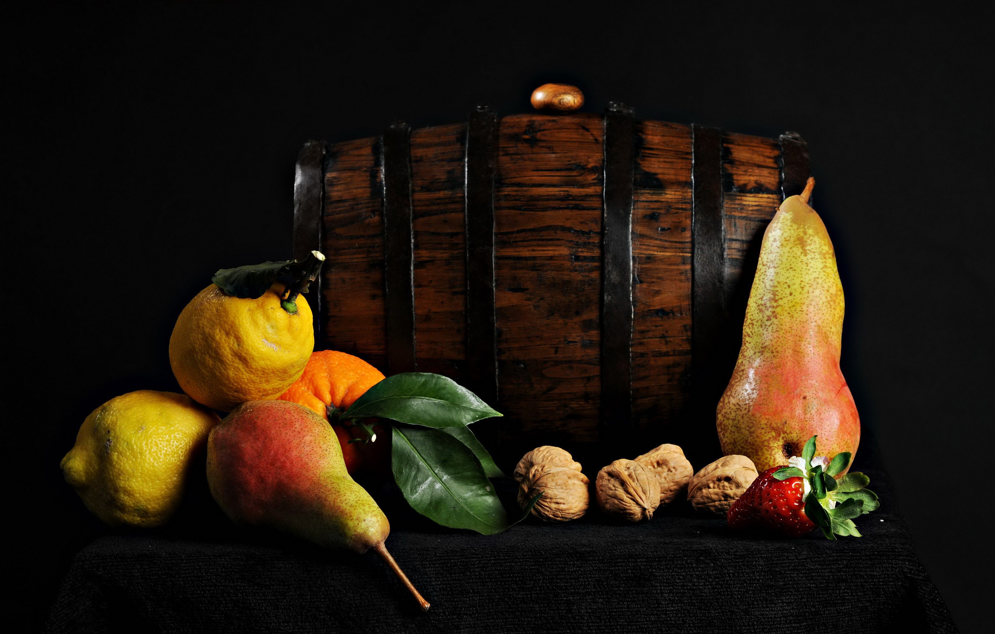 Still life with pears, lemons, nuts, strawberry, and barrel HD Wallpaper