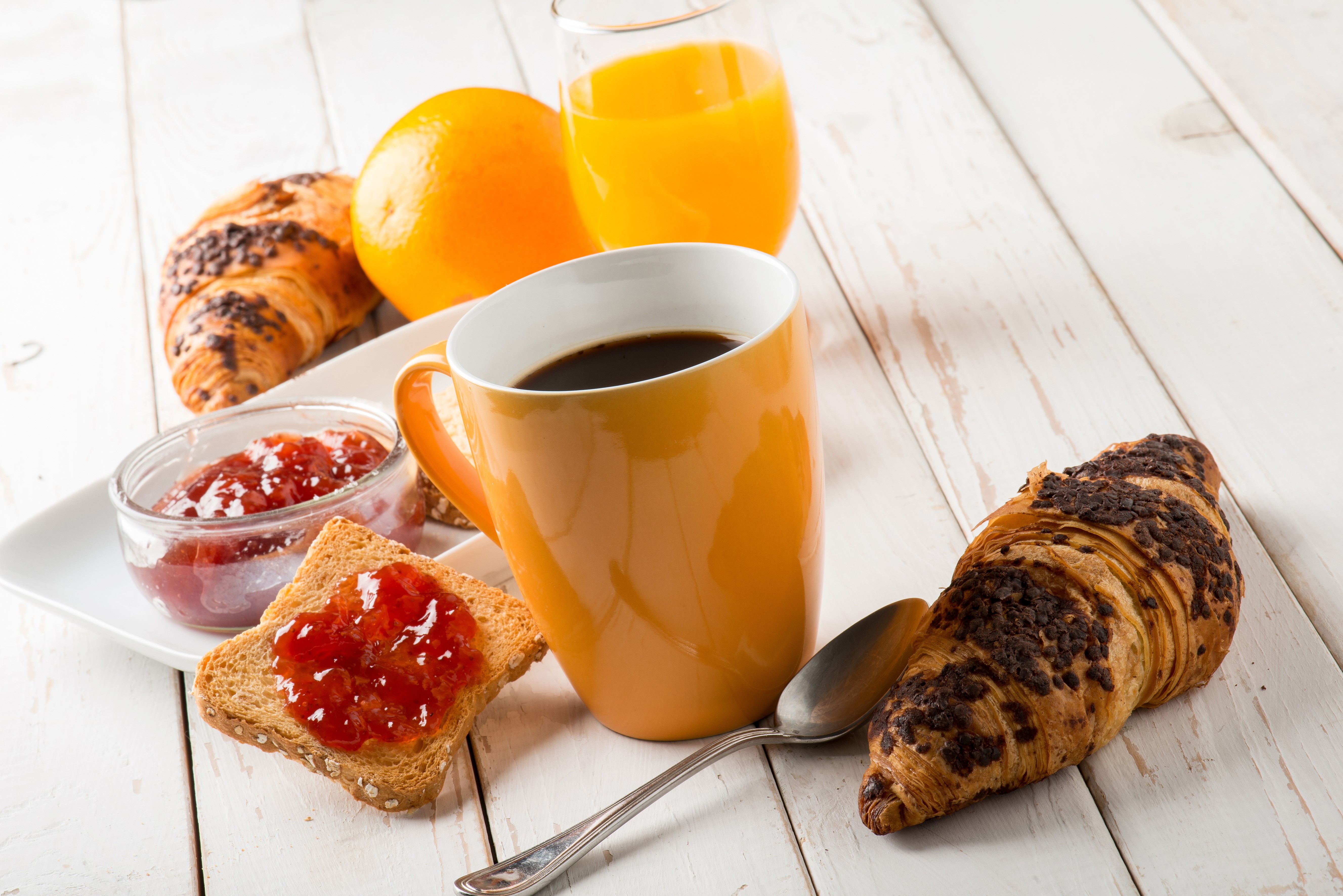 Breakfast with Coffee, Croissants, Jam, and Orange Juice HD Wallpaper