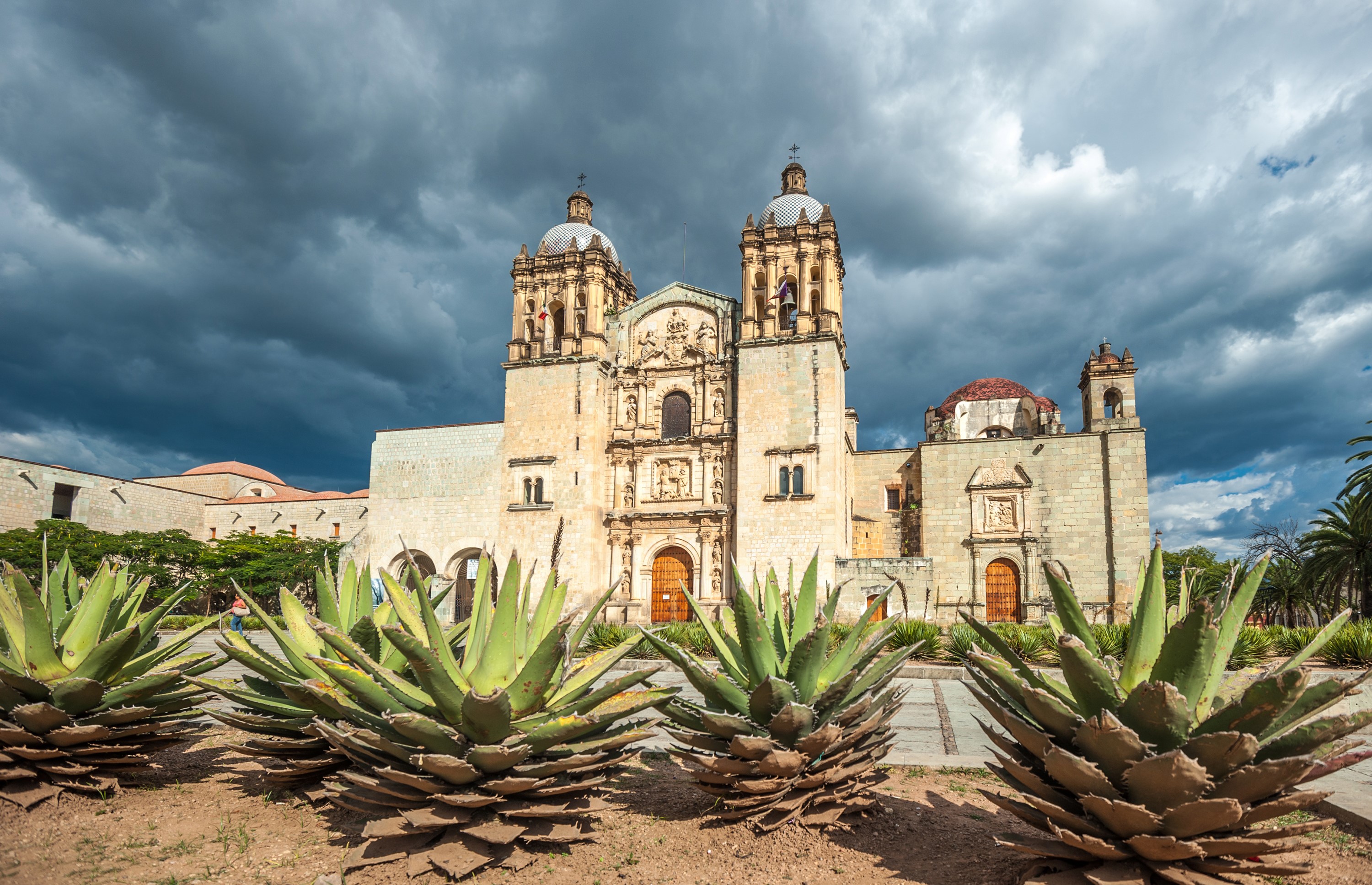 Santo Domingo Church in Oaxaca, Mexico with Agave Plants HD Wallpaper