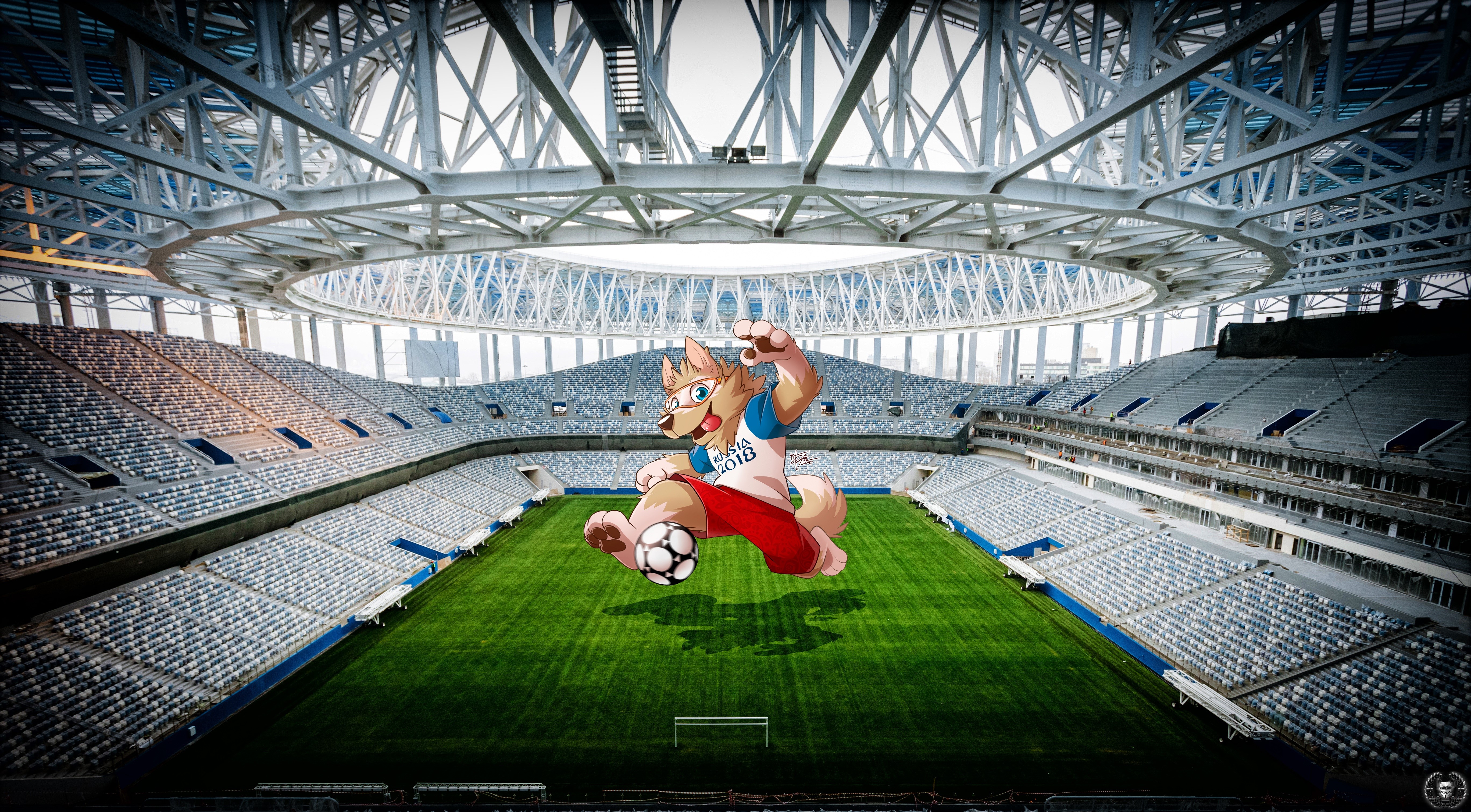 Zabivaka the Wolf Mascot playing soccer in a stadium HD Wallpaper