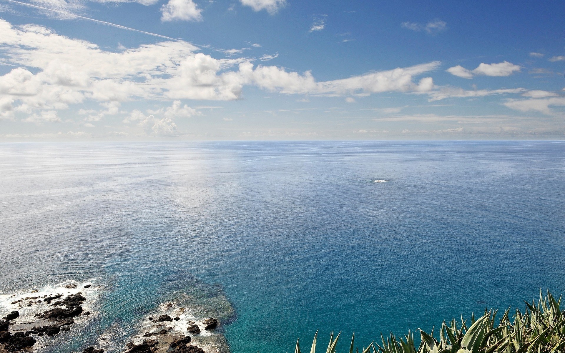 Ocean view with rocky shore and clouds HD Wallpaper