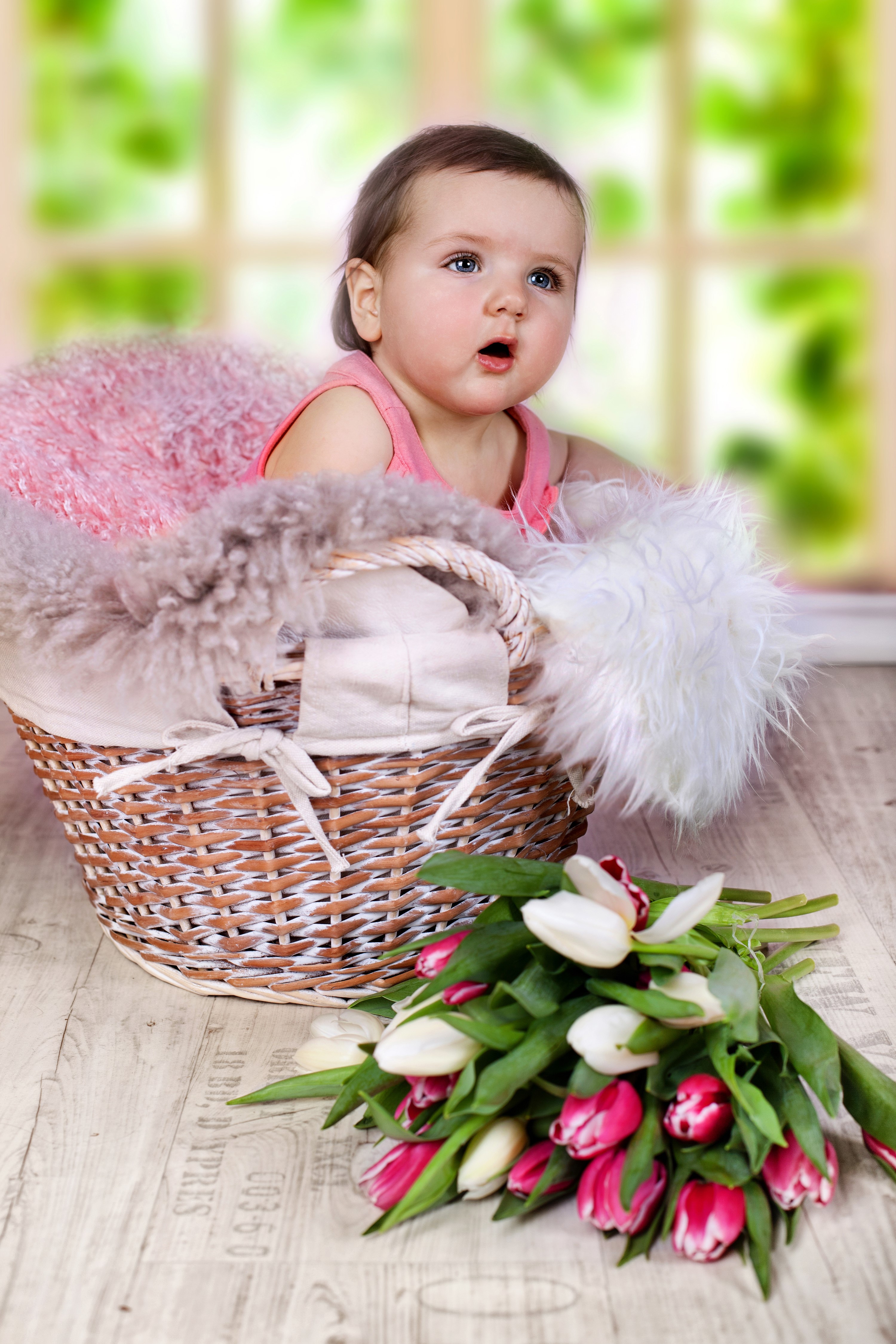 Baby in a wicker basket with tulips HD Phone Wallpaper