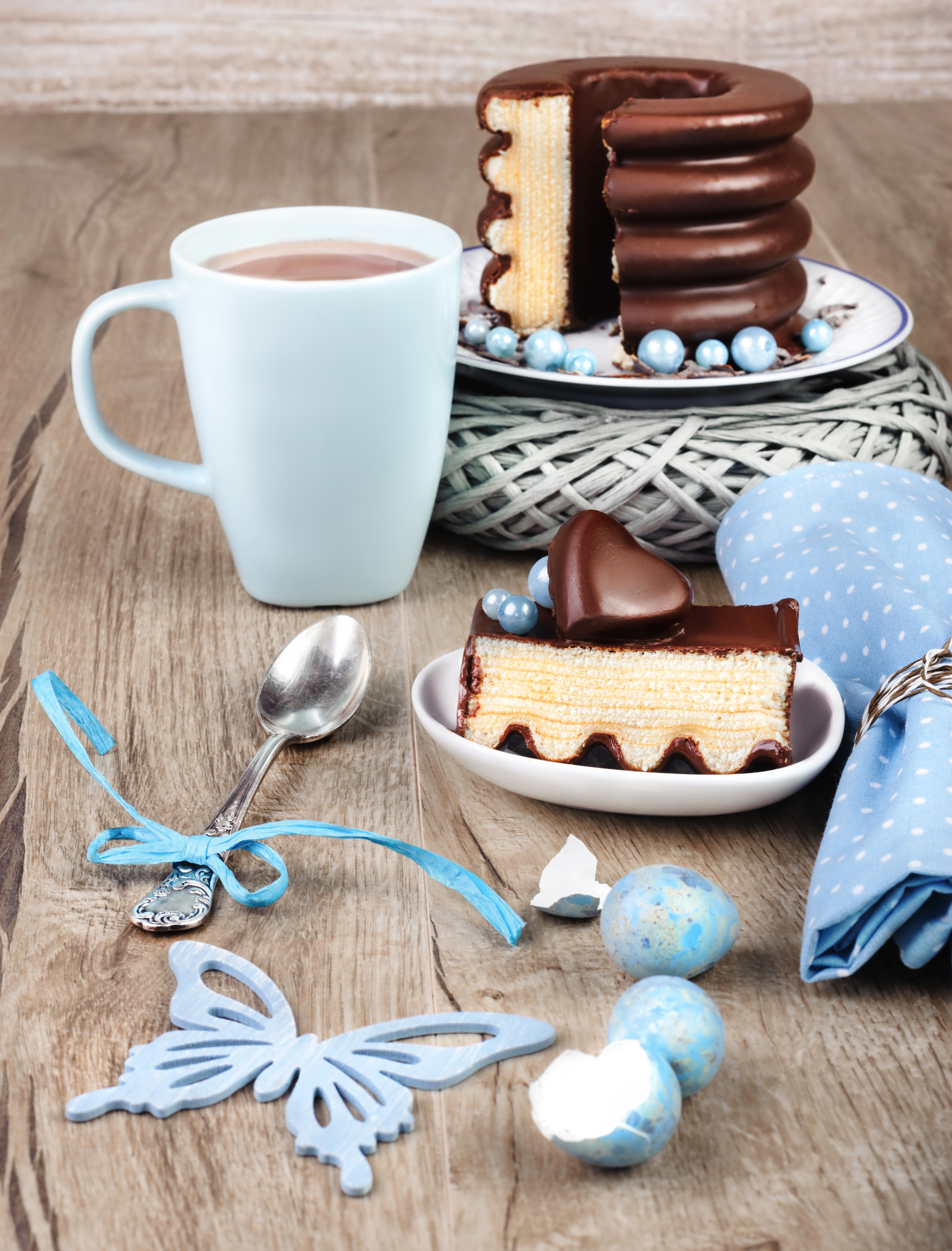 Chocolate cake with hot chocolate and Easter decorations HD Phone Wallpaper