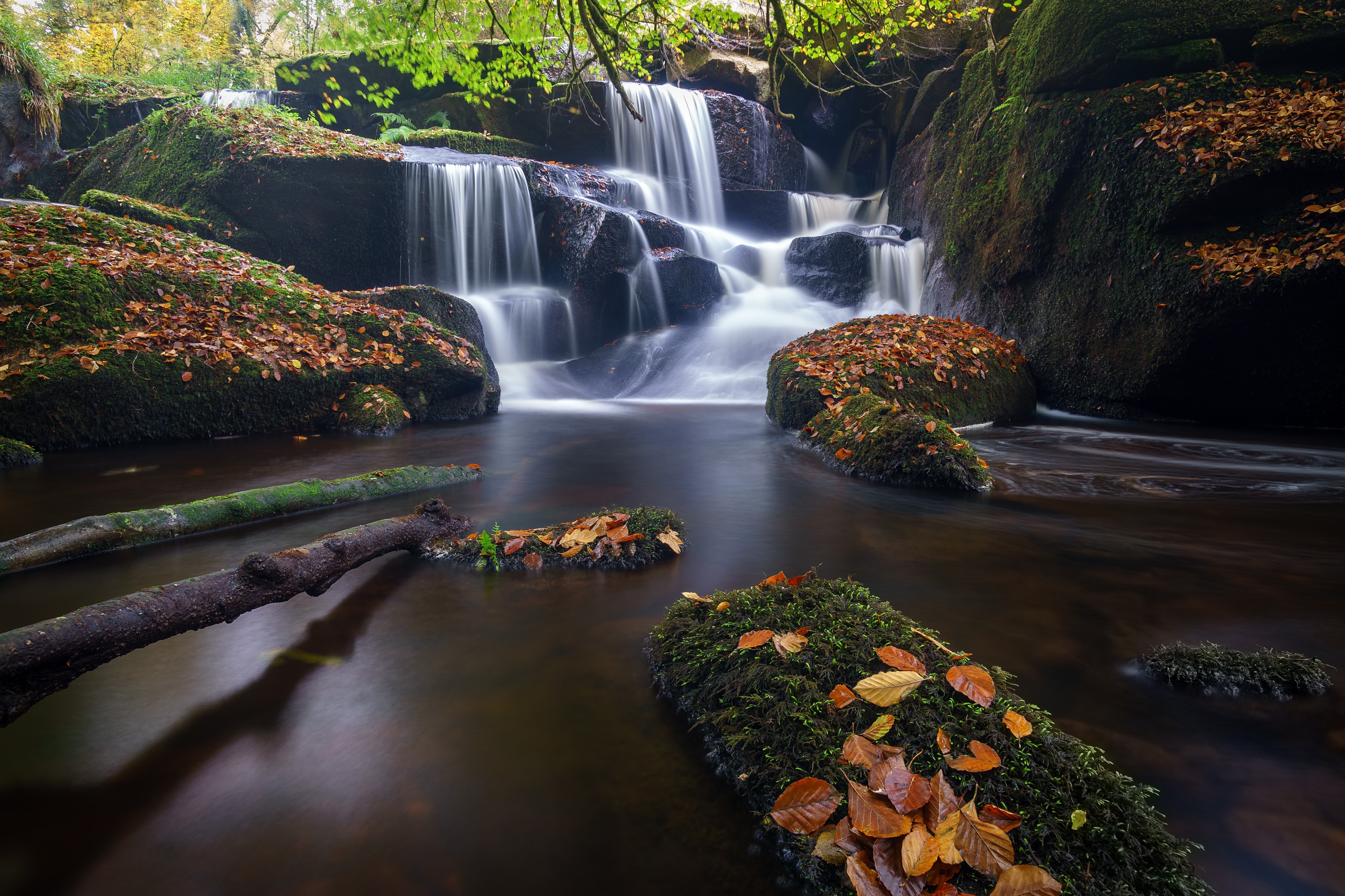 Waterfalls in Autumn Forest, Saint-Herbot, Brittany, France HD Wallpaper