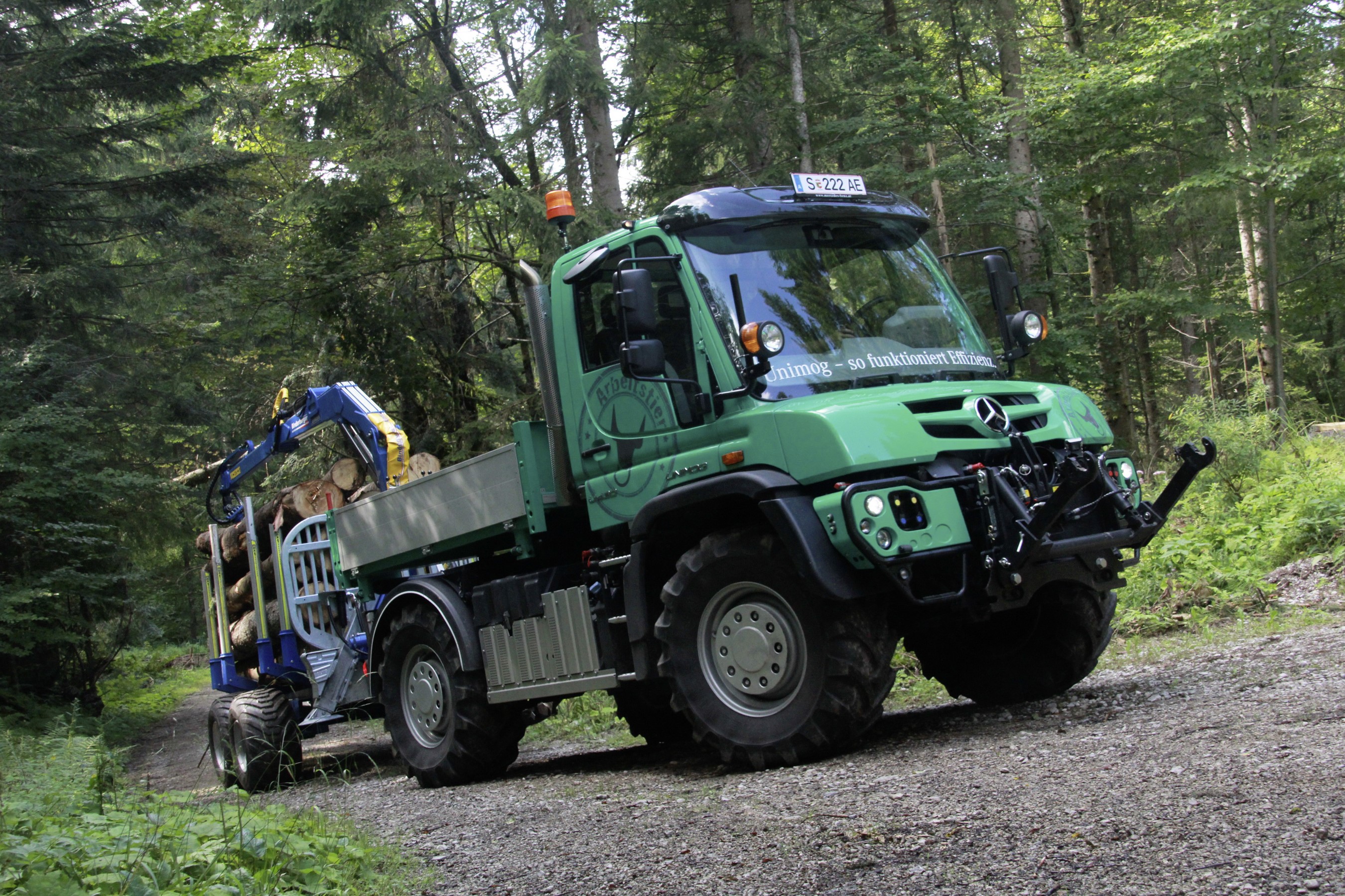 Mercedes-Benz Unimog U430 Forwarder in forest HD Wallpaper