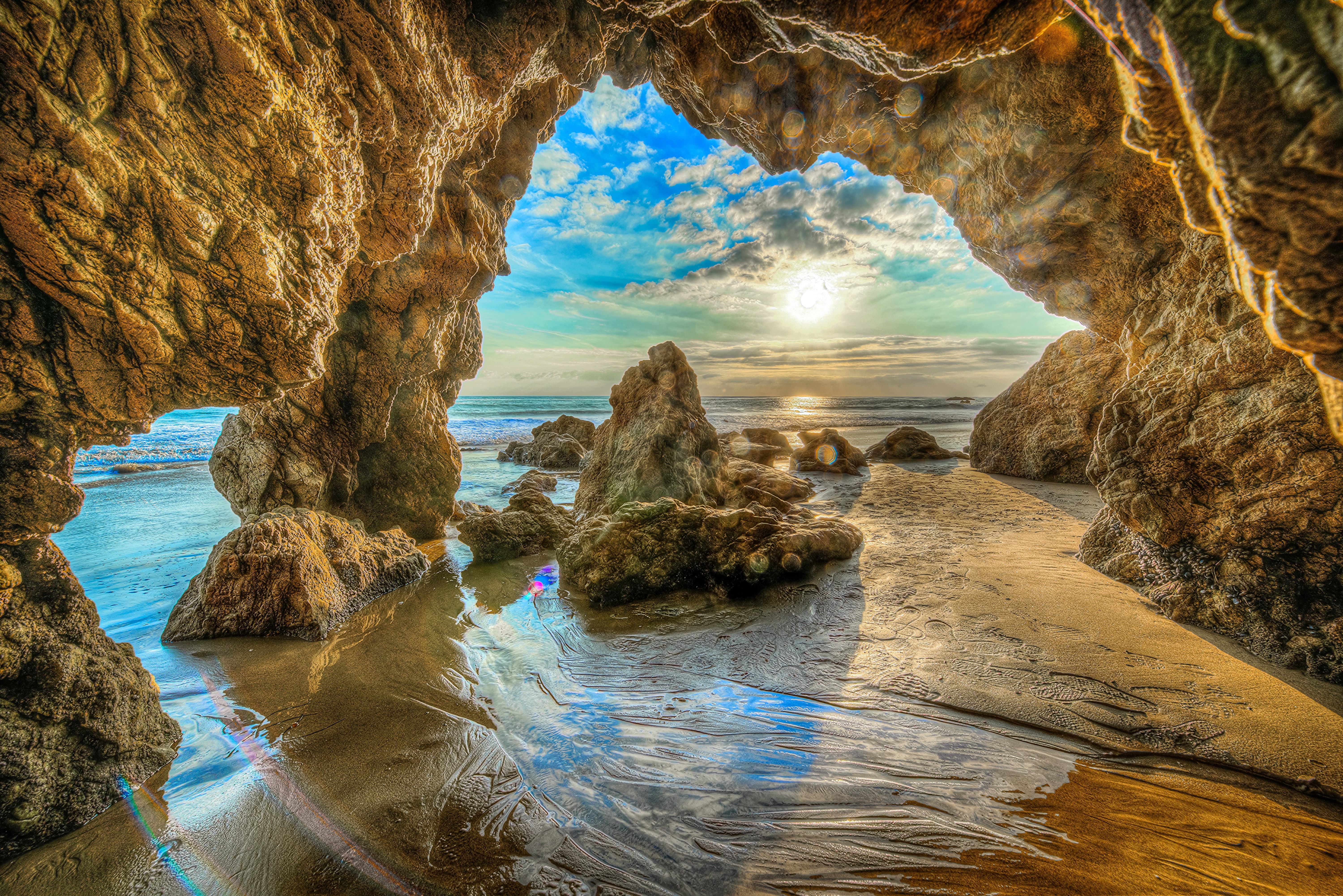 4K Malibu Beach Coastal Cave at Sunset HD Wallpaper