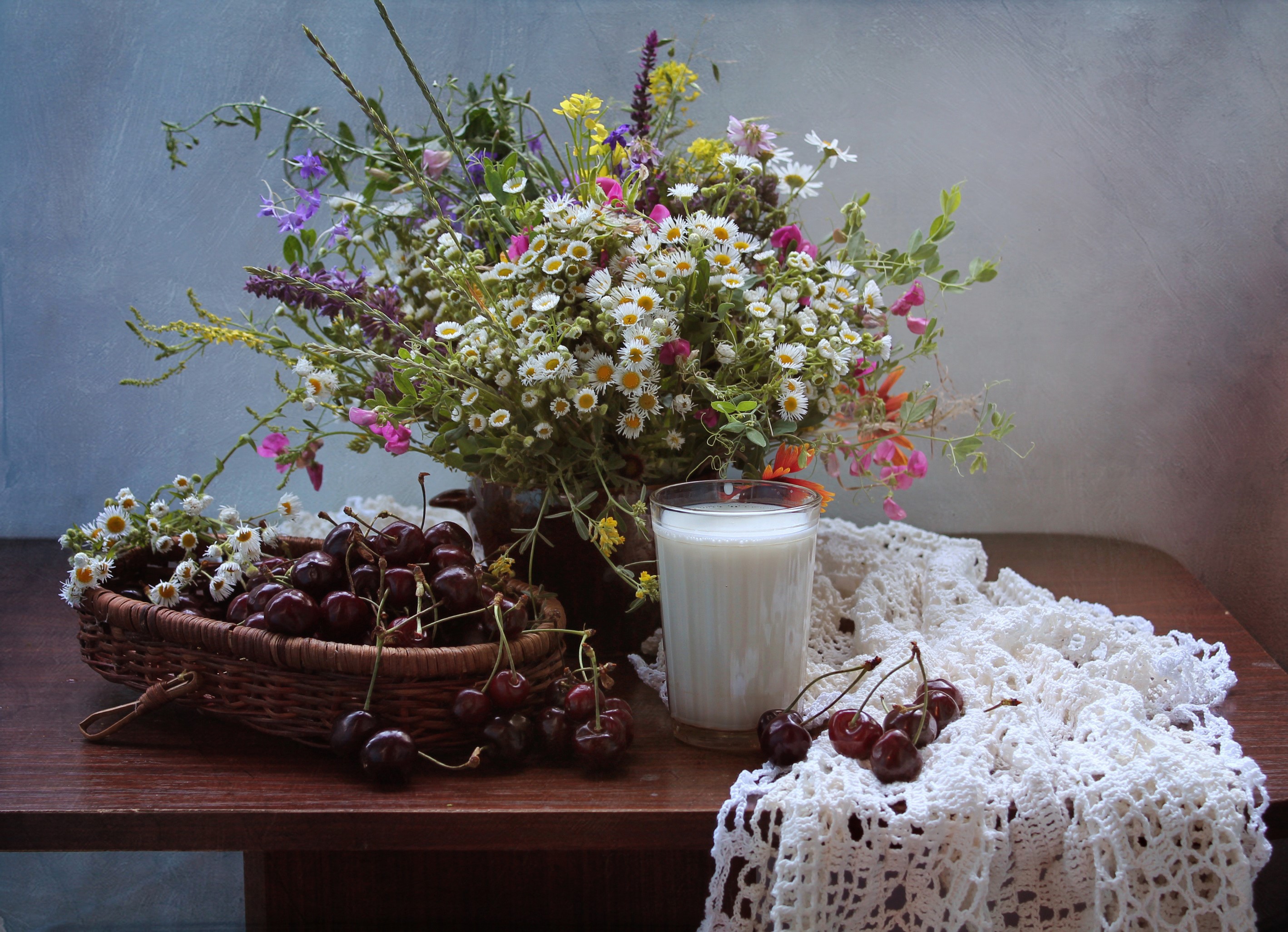 Still life with bouquet, cherries, and milk HD Wallpaper