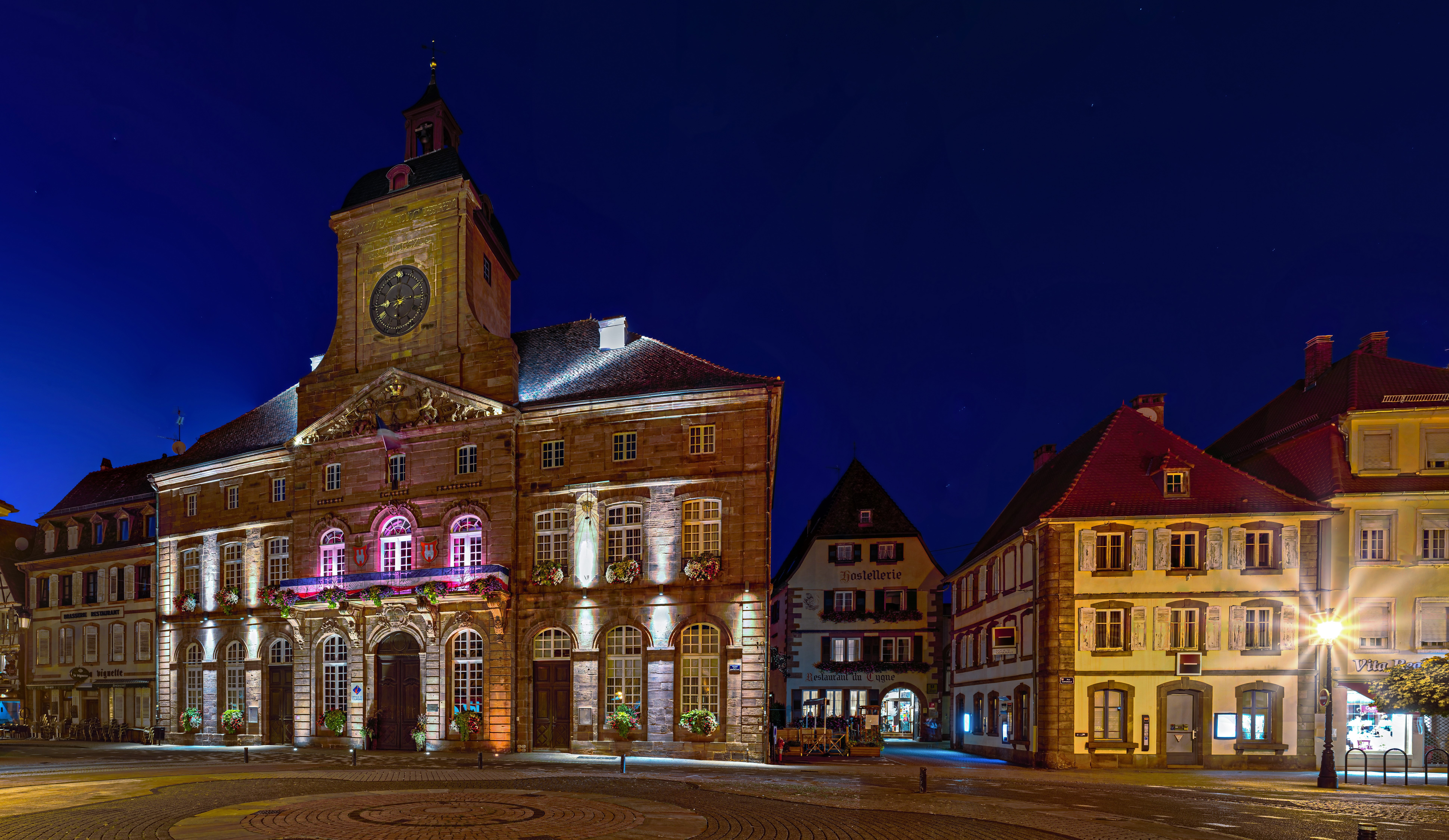 Town Hall and buildings at night in Wissembourg, France HD Wallpaper