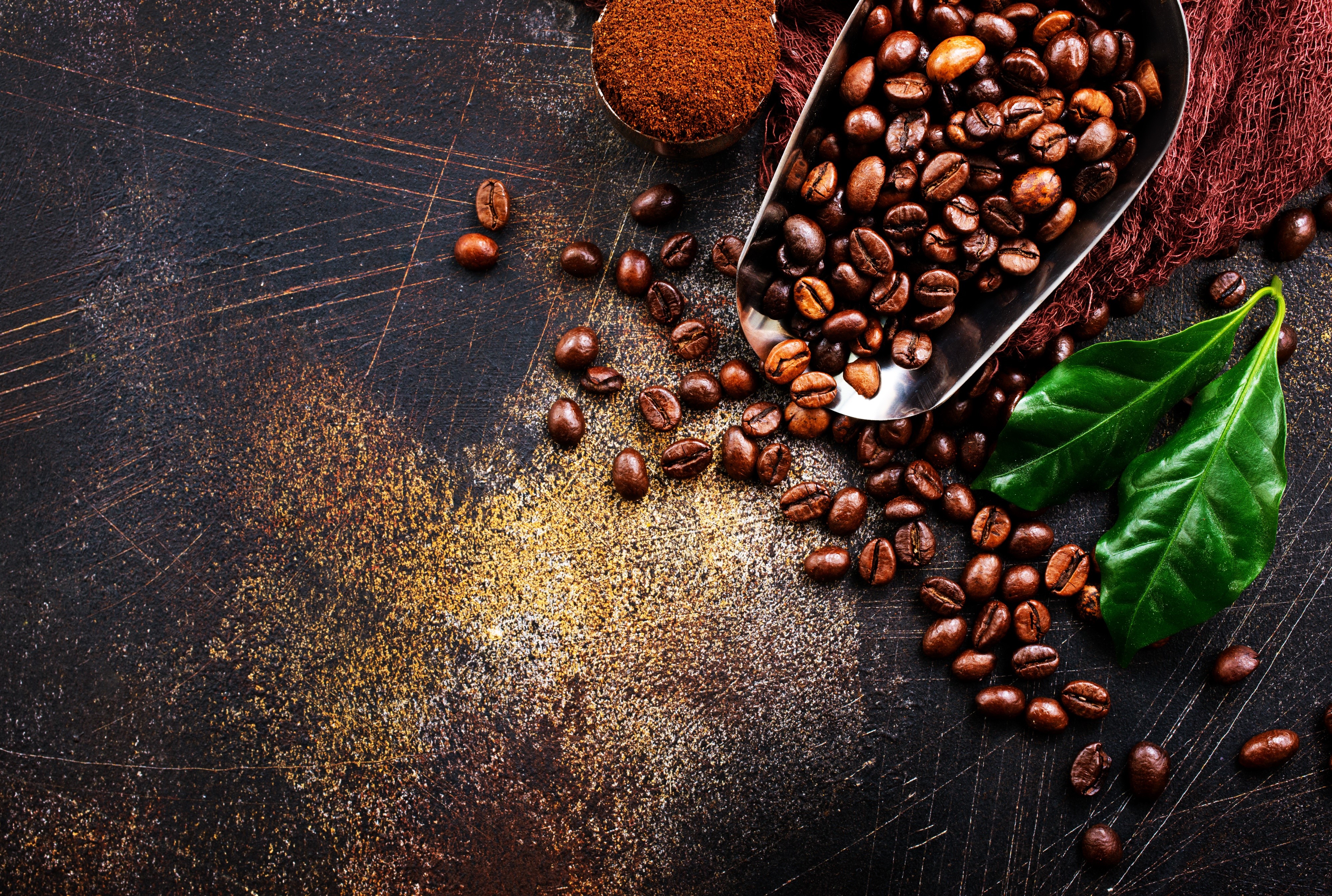 Coffee beans and leaves on a dark surface HD Wallpaper