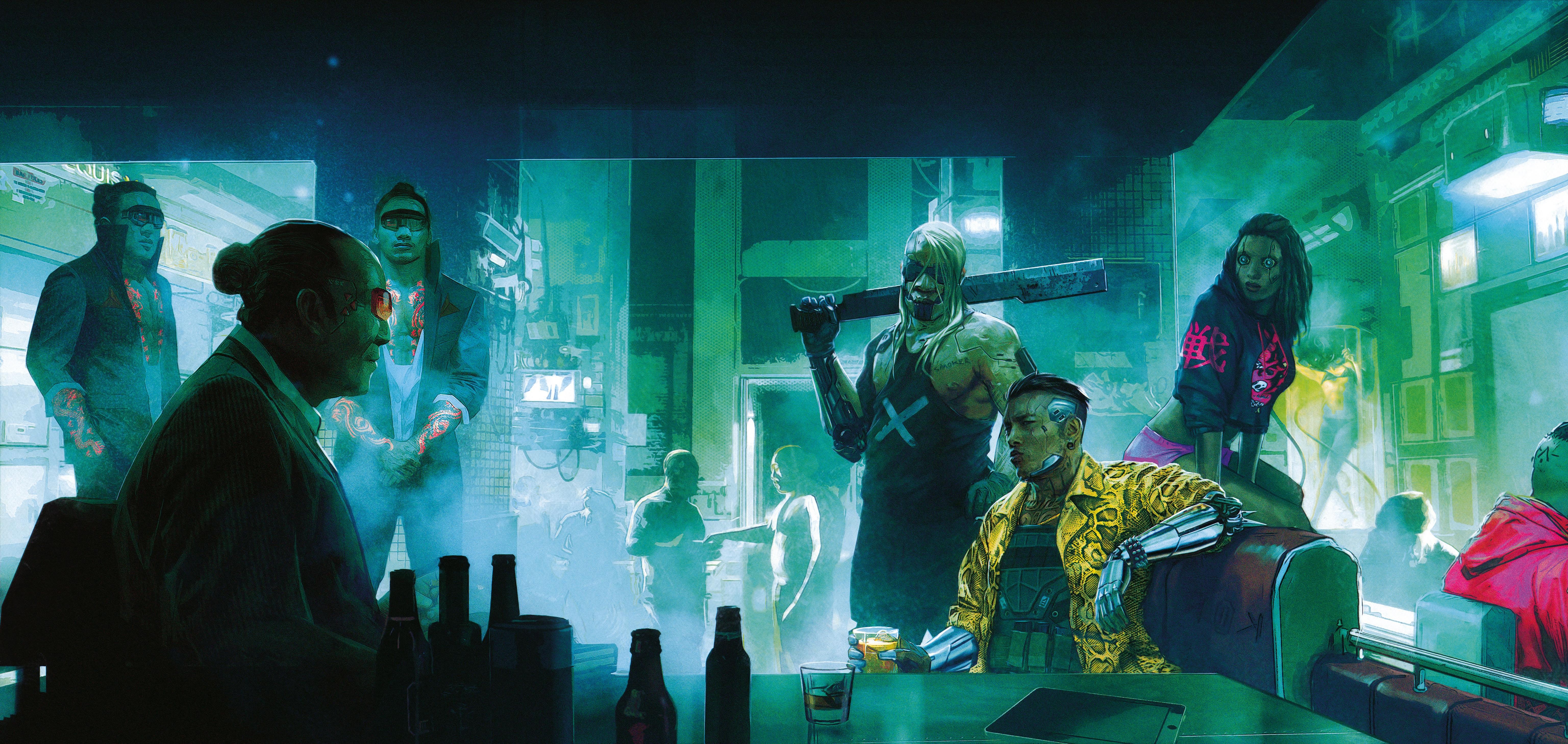 Cyberpunk 2077 characters in a bar HD Wallpaper