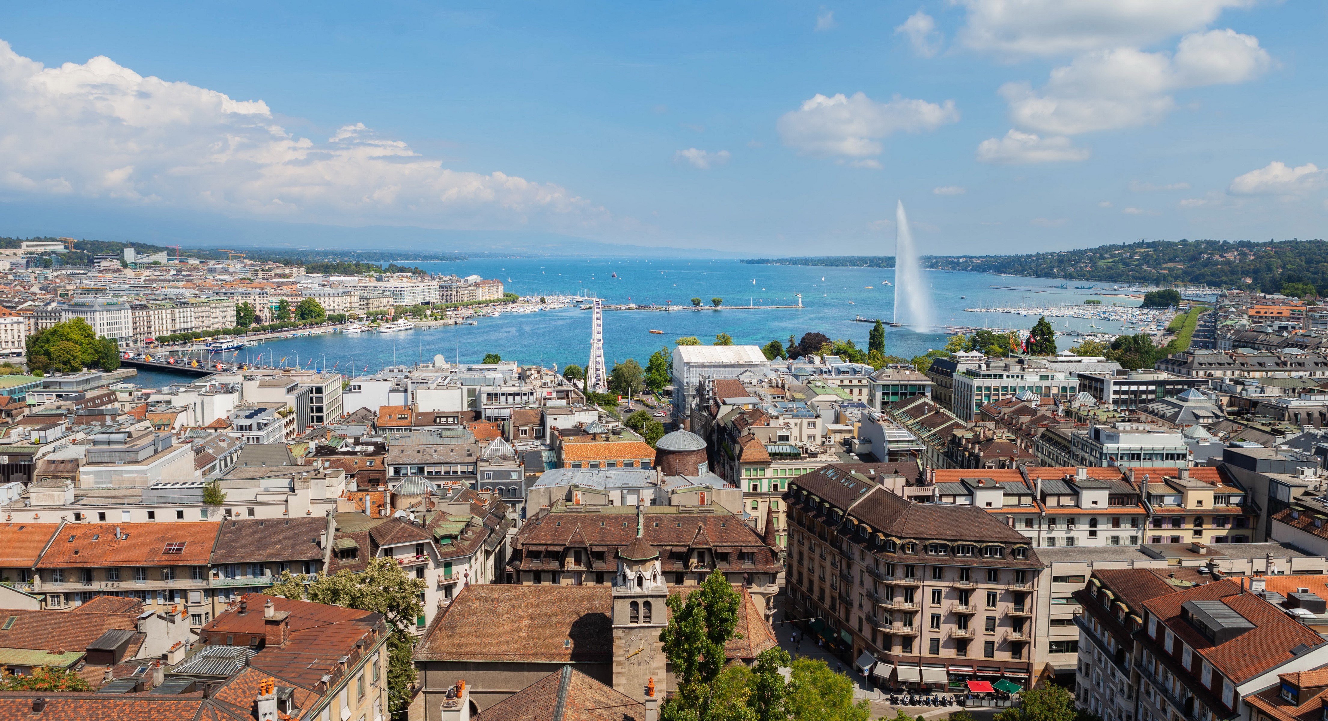 Geneva, Switzerland cityscape with Jet d'Eau fountain HD Wallpaper
