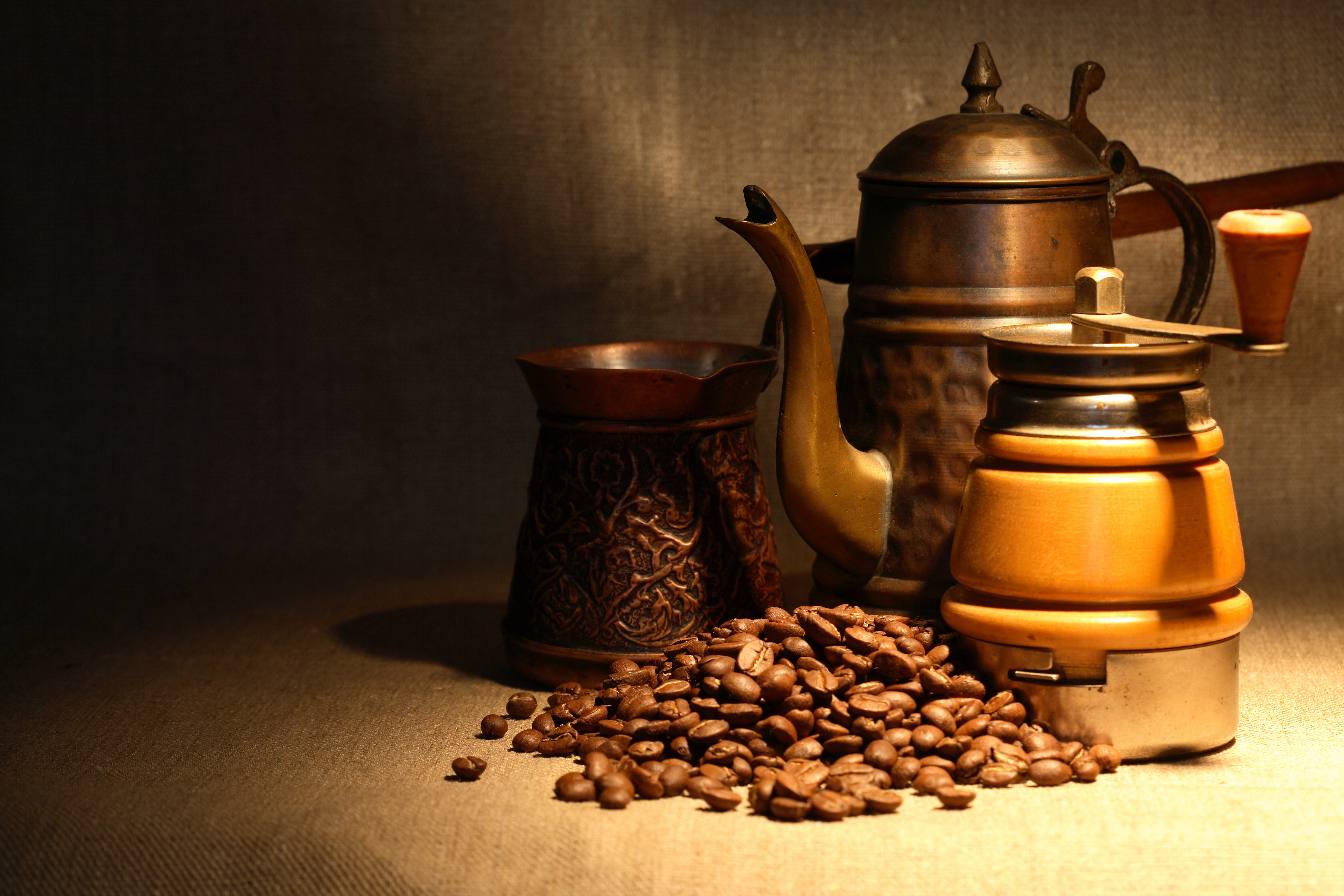 Coffee beans, kettle, and coffee mill HD Wallpaper
