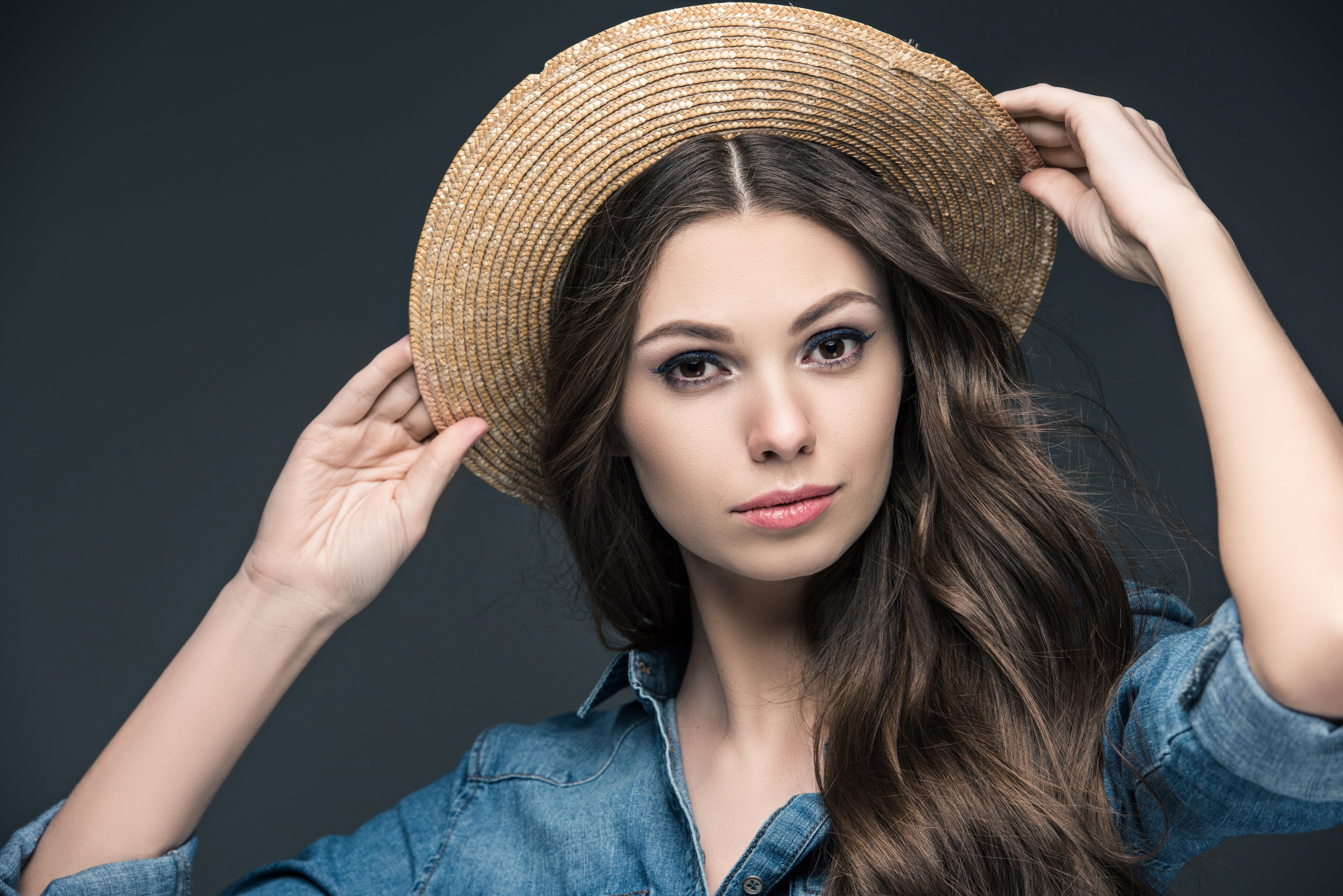 Woman in straw hat and denim shirt HD Wallpaper