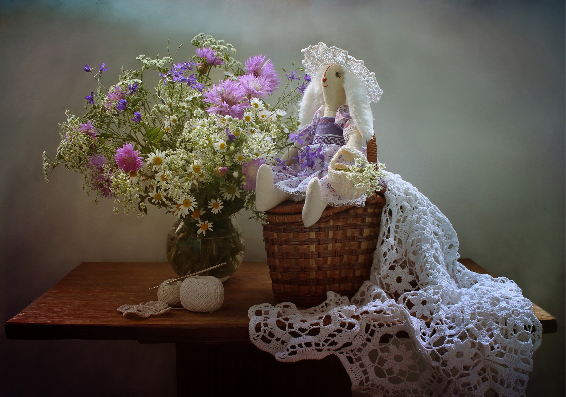 Still life with doll, flowers, and crochet HD Wallpaper