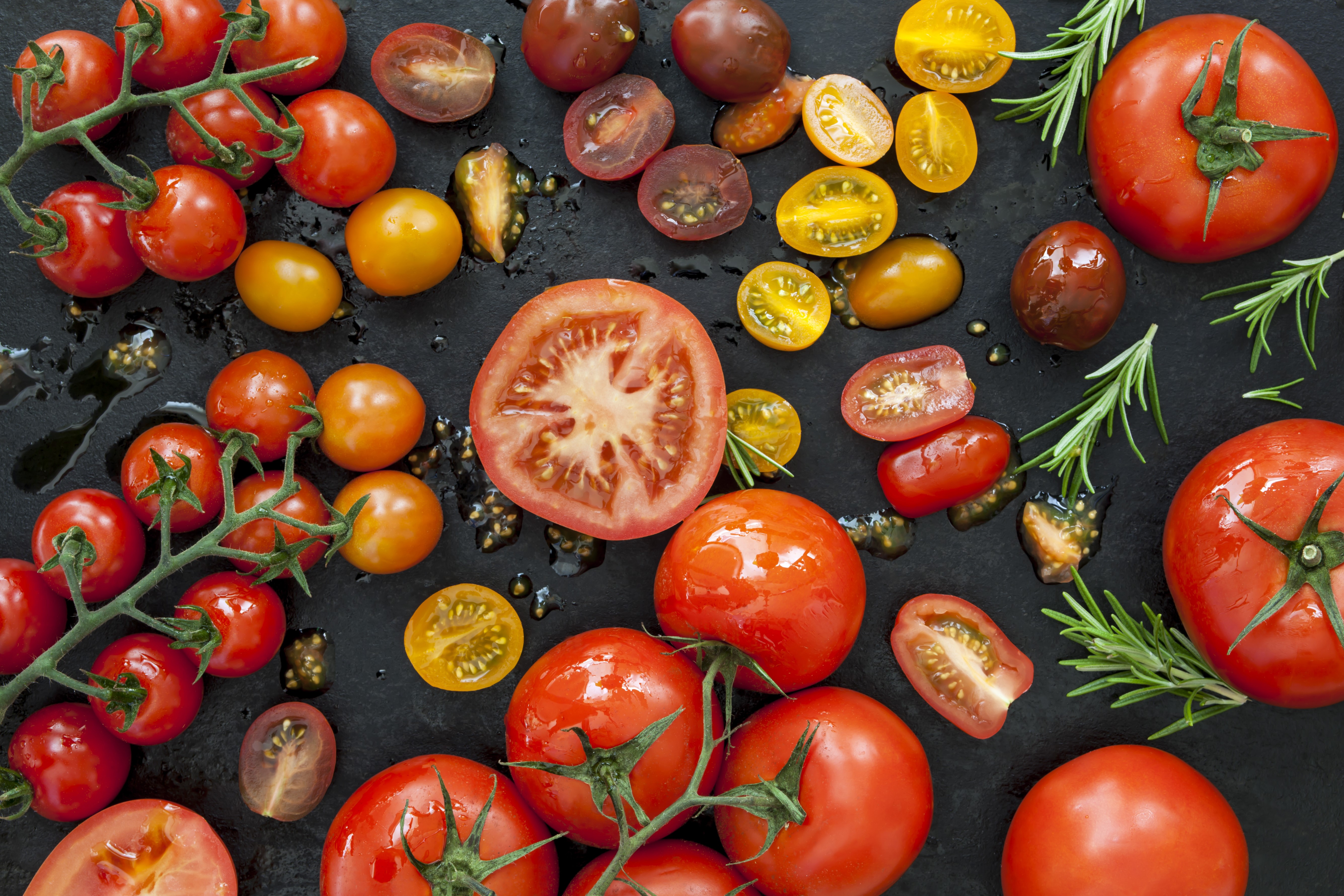 Tomatoes and Rosemary on a Dark Surface HD Wallpaper