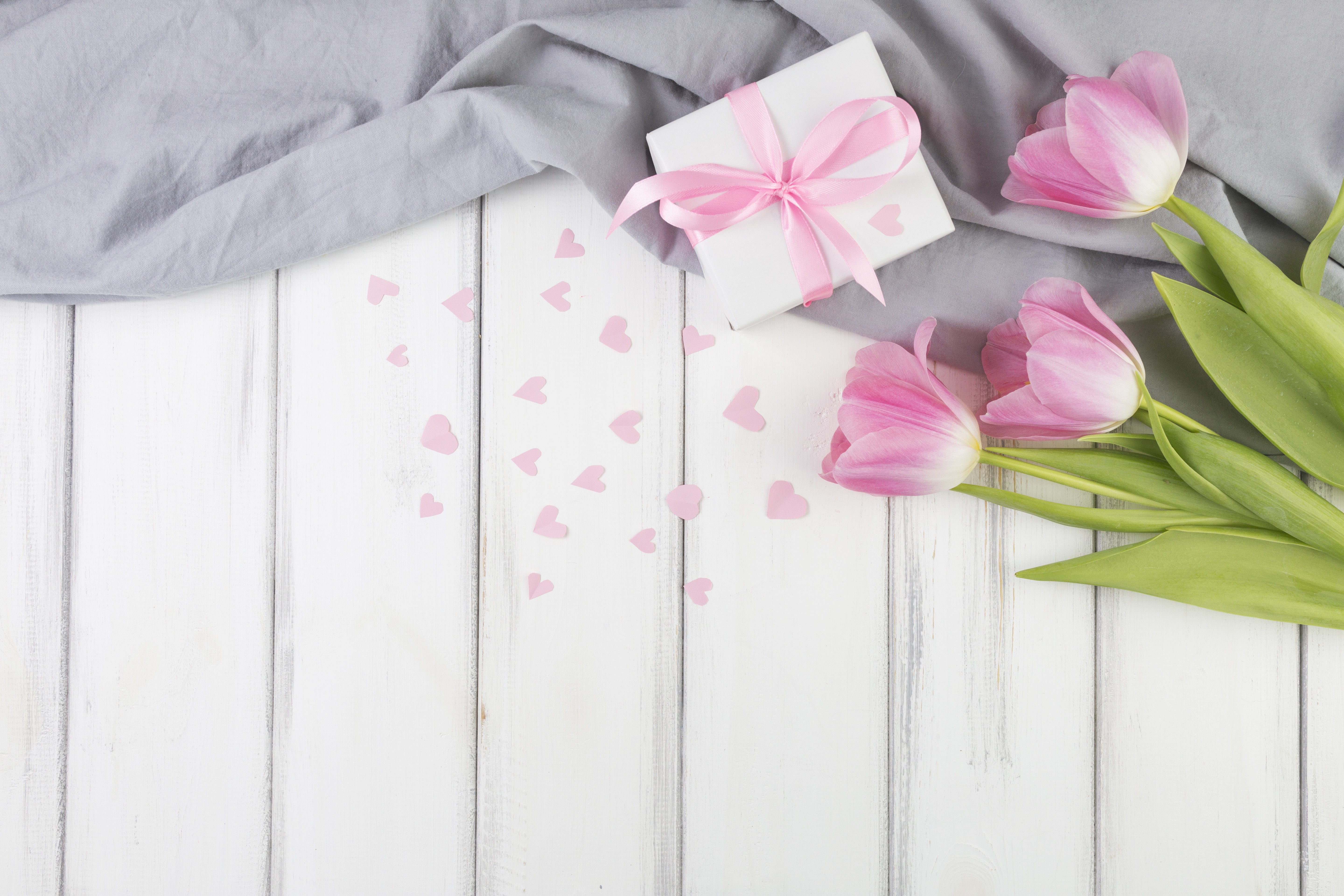 Pink Tulips, Gift Box, and Hearts on Wood HD Wallpaper