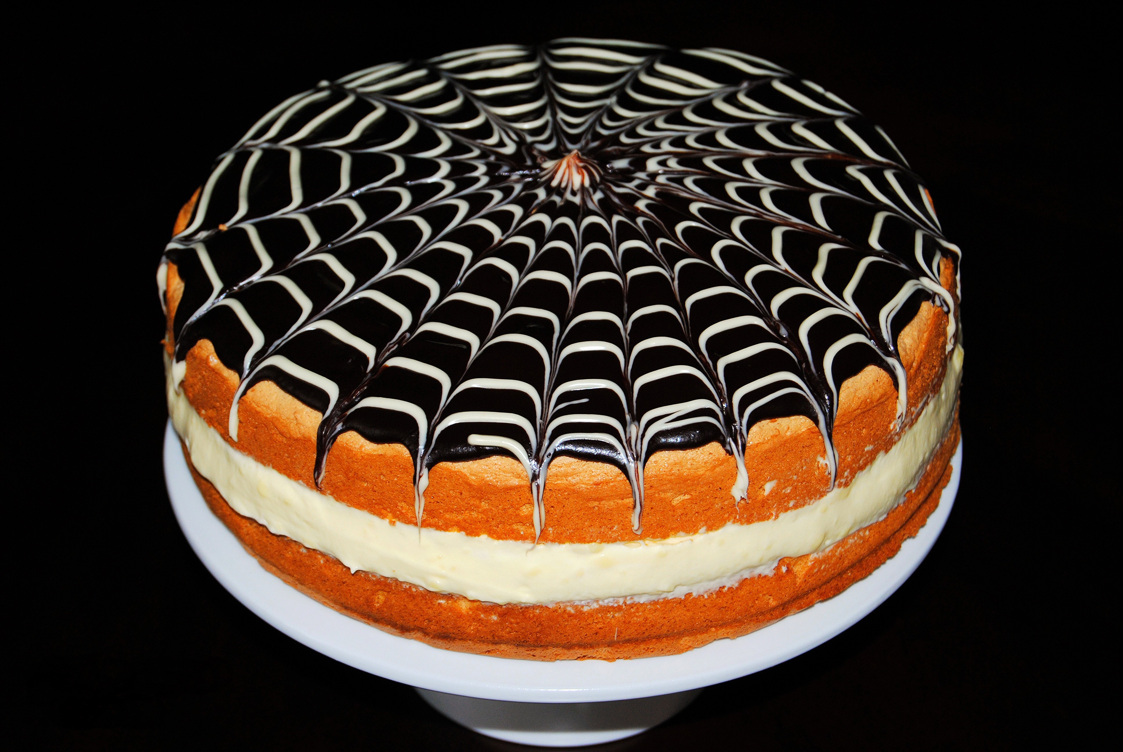 Chocolate and cream cake with spider web design HD Wallpaper