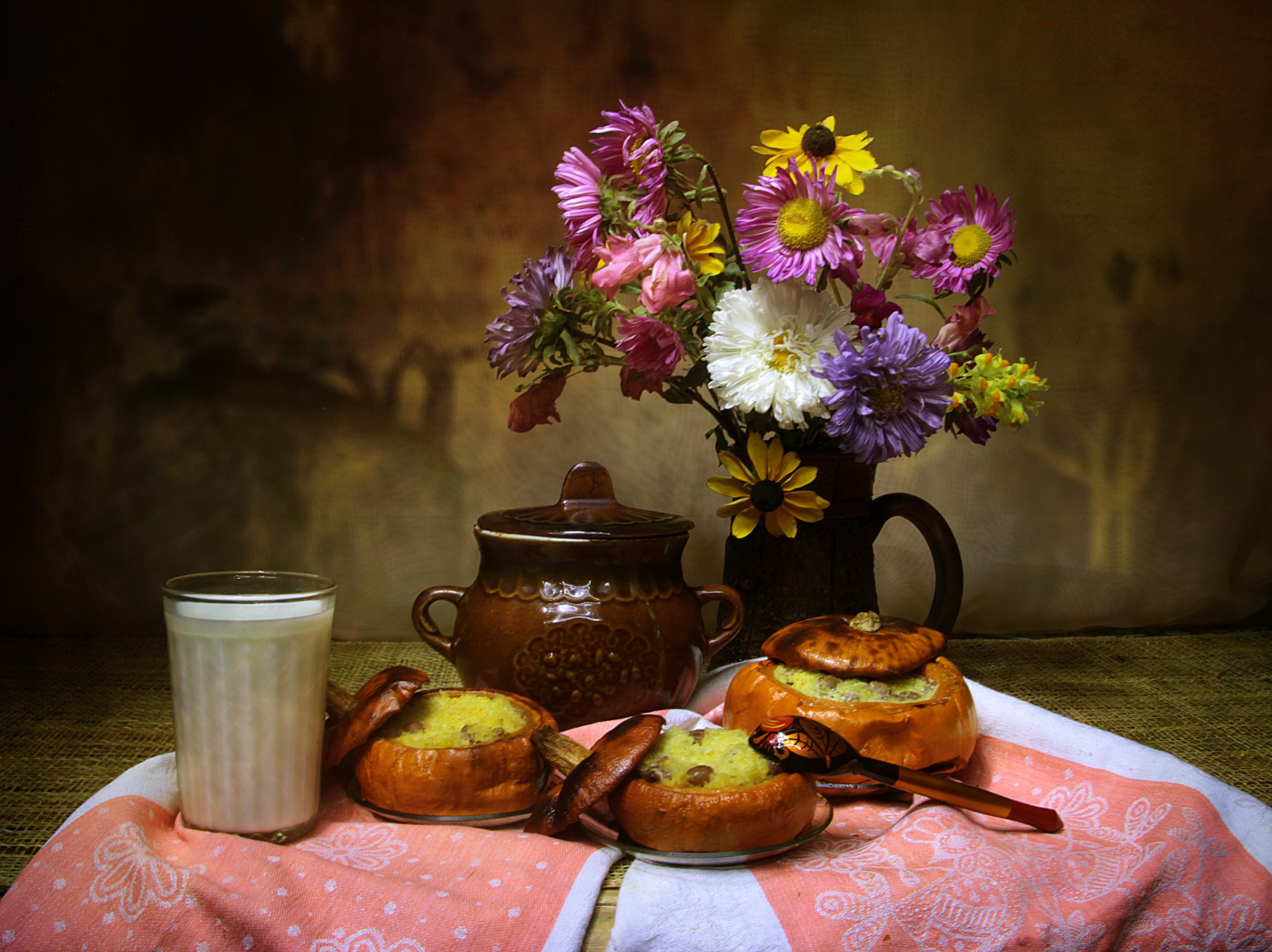 Still-life with asters, pumpkins, and milk HD Wallpaper