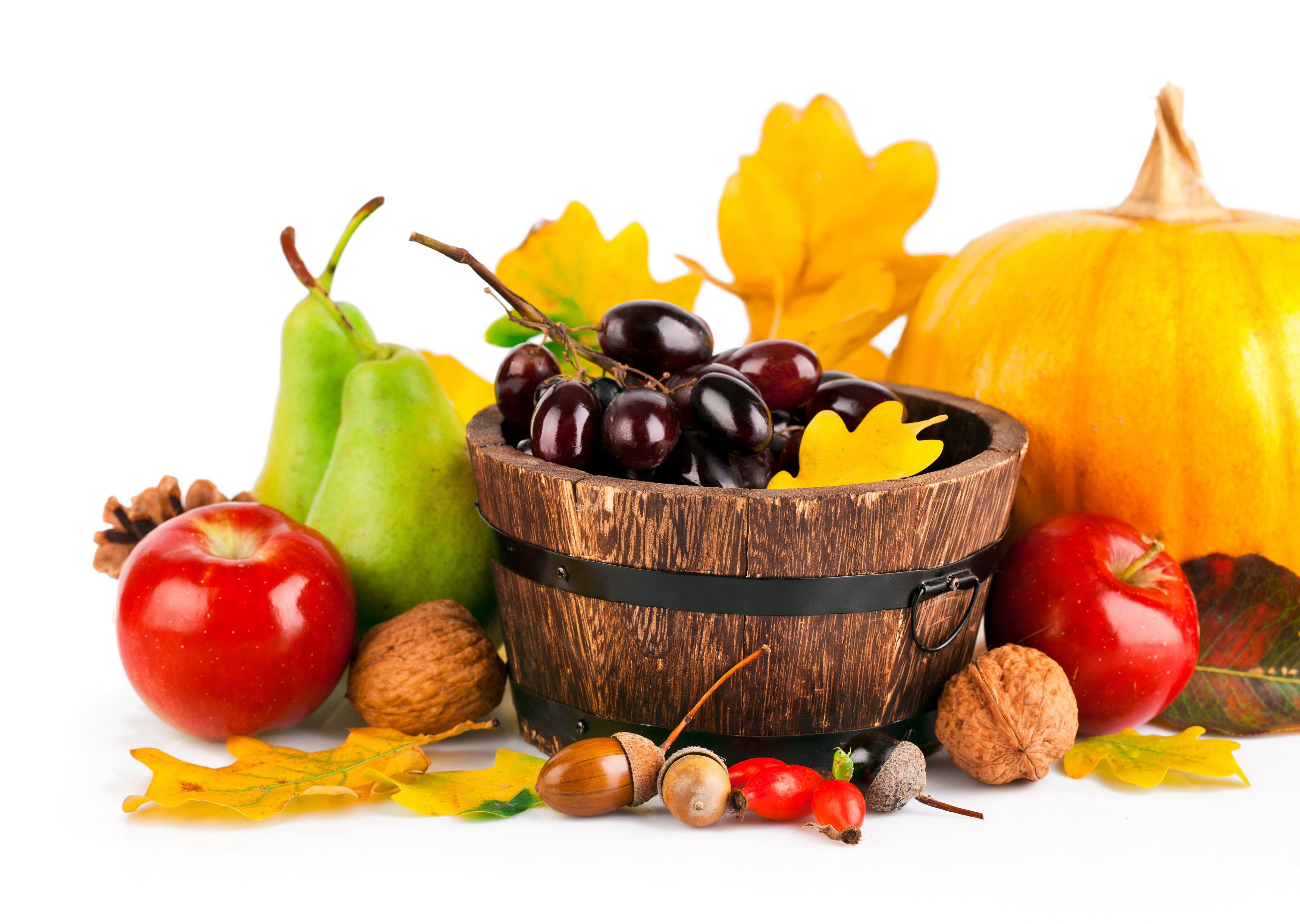 Autumn Harvest: Grapes, Apples, Pumpkin, Nuts, and Leaves HD Wallpaper